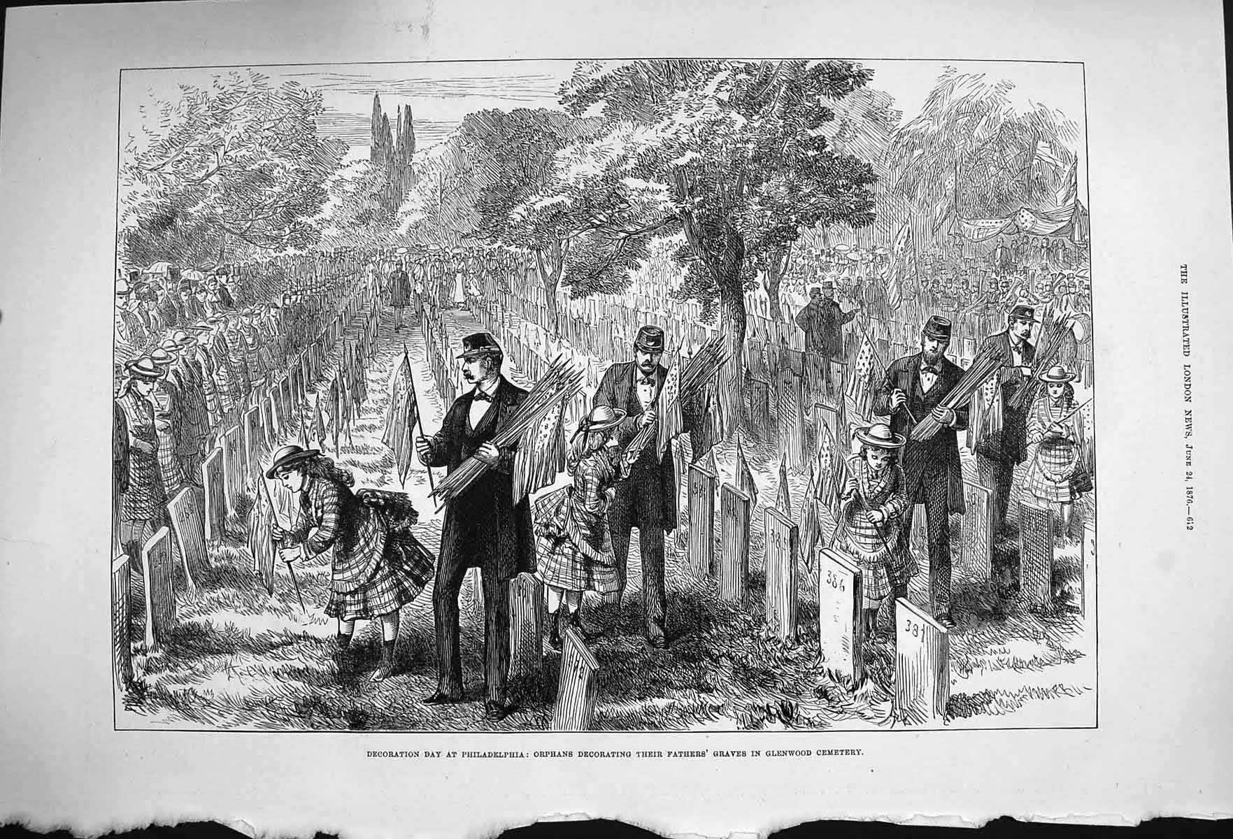 Antique Old Print *4021 1876 Philadelphia Orphans Graves Glenwood Cemetery