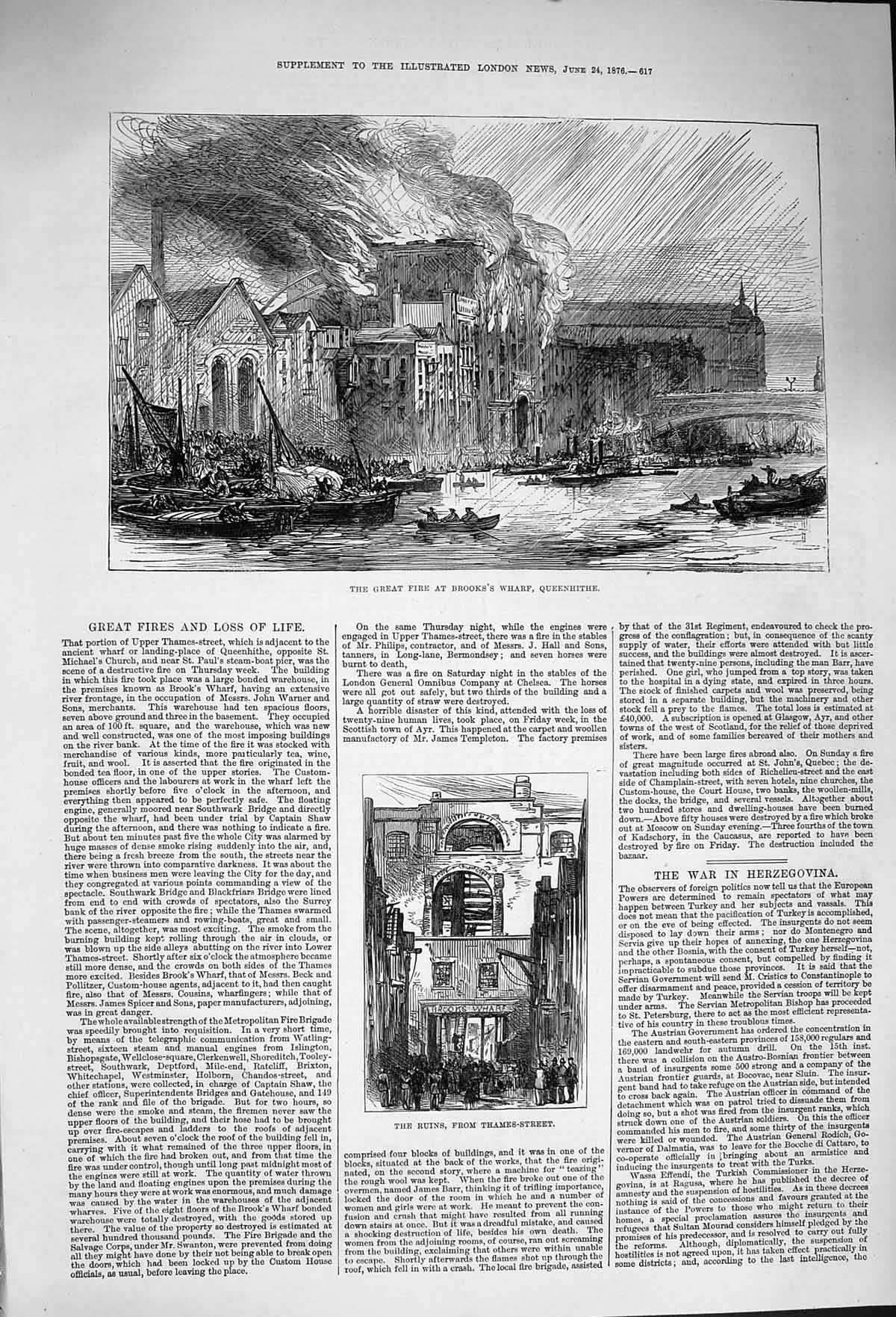 Original Old Antique Print 1876 Fire Brook'S Wharf Queenhithe Ruins Thames 19th