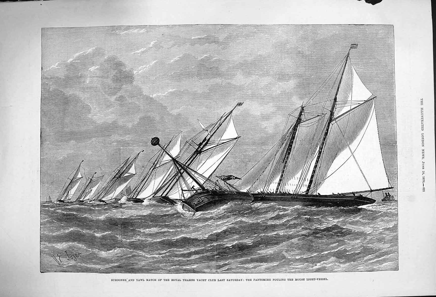 Original Old Antique Print 1876 Schooner Yawl Match Royal Thames Club Pantomime