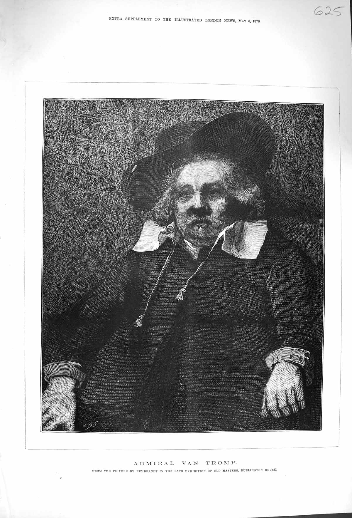 Original Old Antique Print 1876 Portrait Admiral Van Tromp Rembrandt Victorian