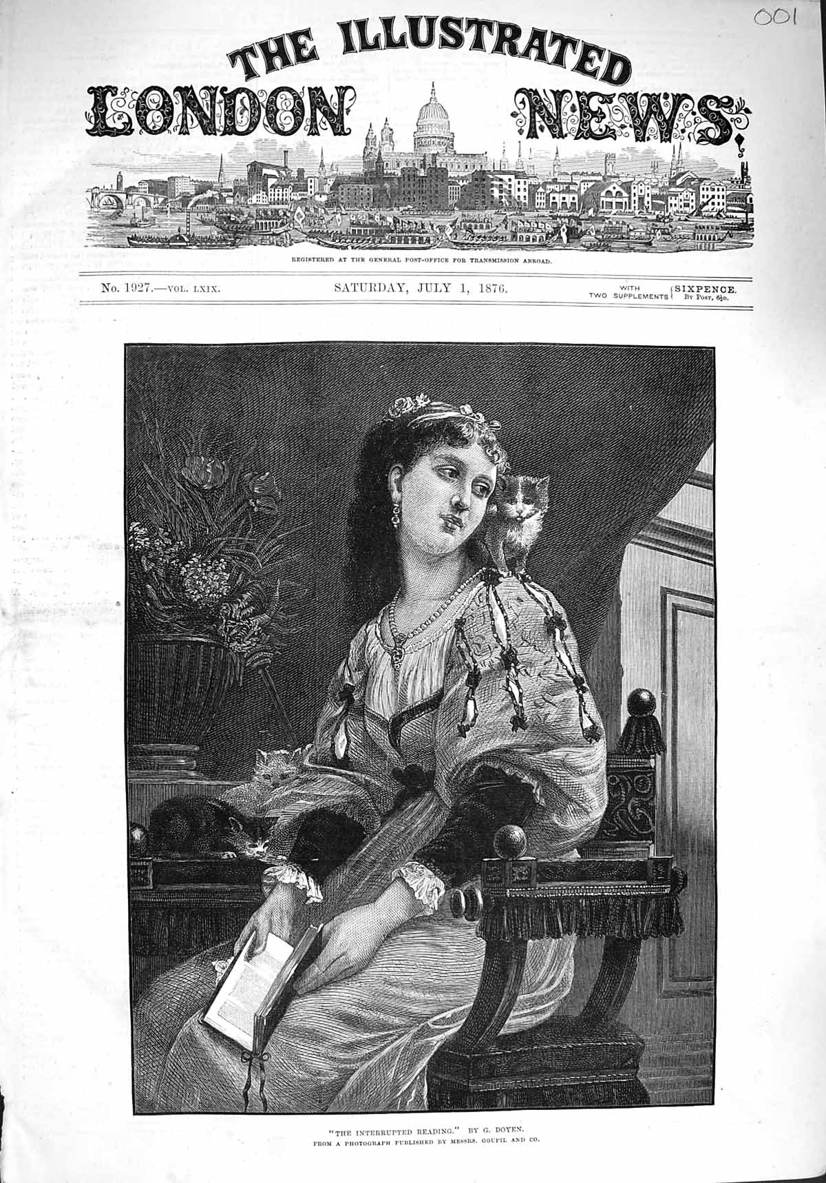 Old Antique Print 1876 Interrupted Reading Woman Book Cat Kitten Goupil 19th