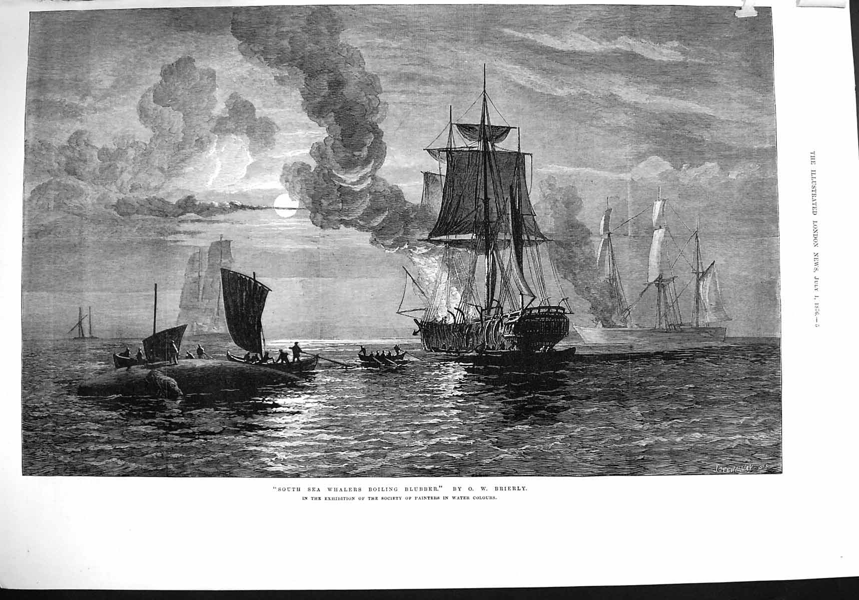 Antique Print *4002 1876 South Sea Whalers Boiling Blubber Ships Moonlight
