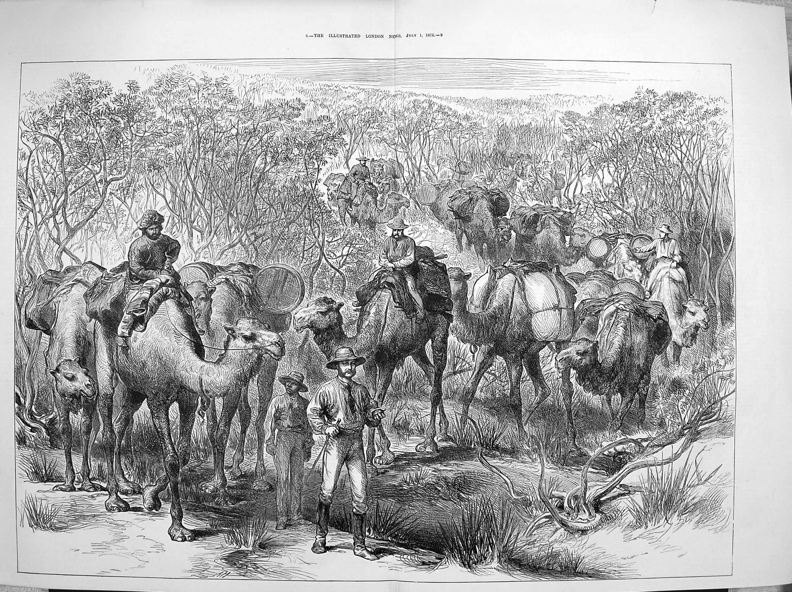 Original Old Antique Print 1876 Australian Exploring Expedition Travellin 19th
