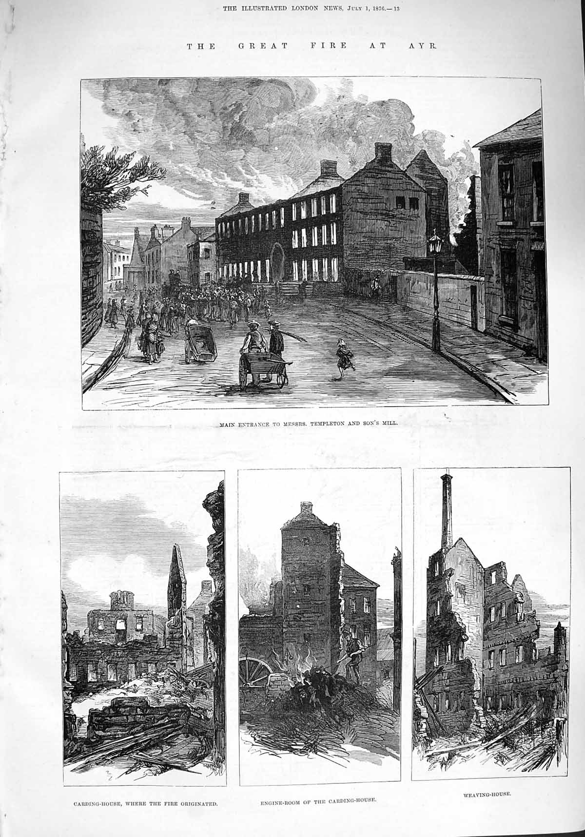 Original Old Antique Print 1876 Fire Ayr Templeton Mill Carding-House Engi 19th