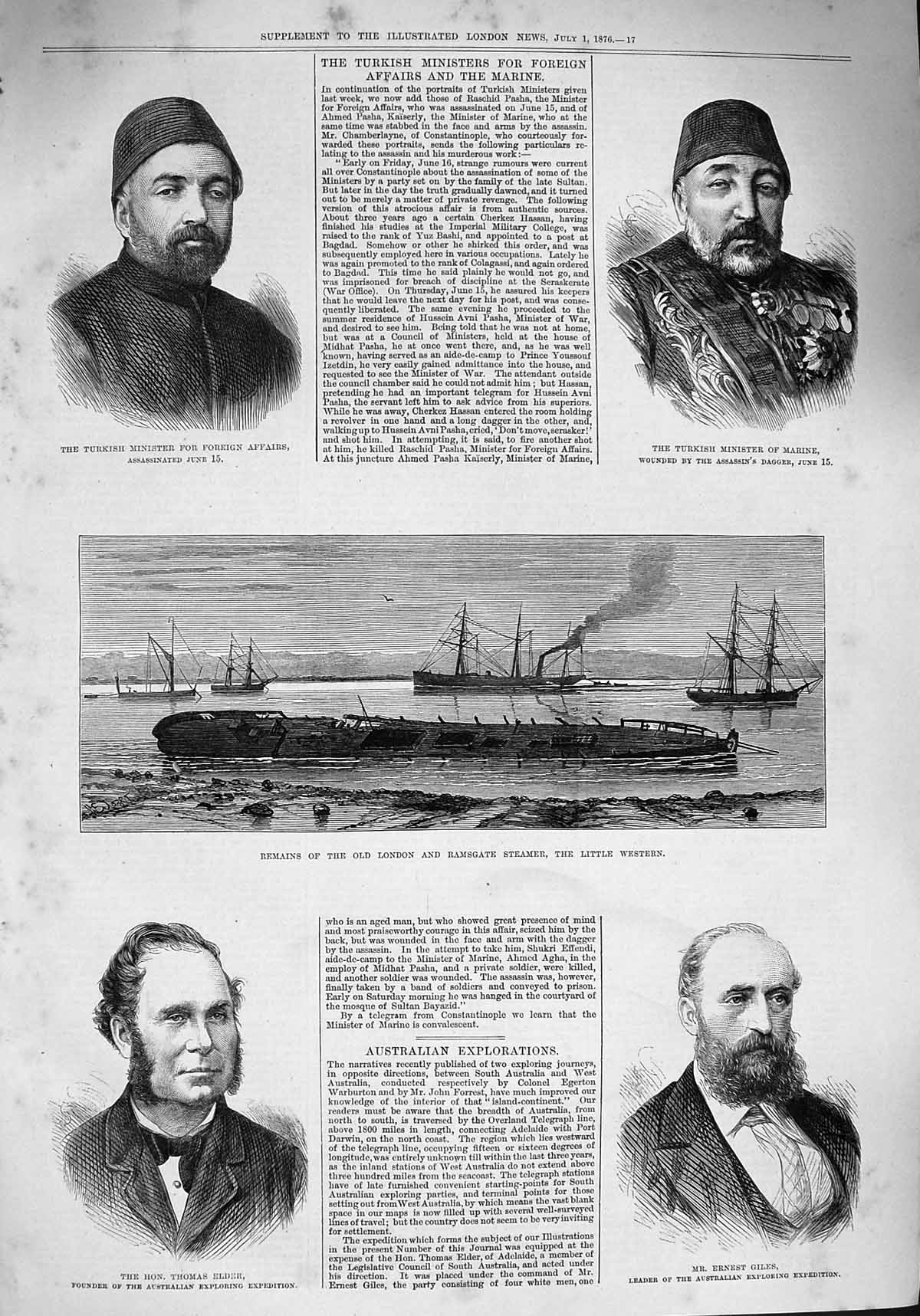 Old Antique Print 1876 Elder Giles Ship Little Western Turkish Minister 19th