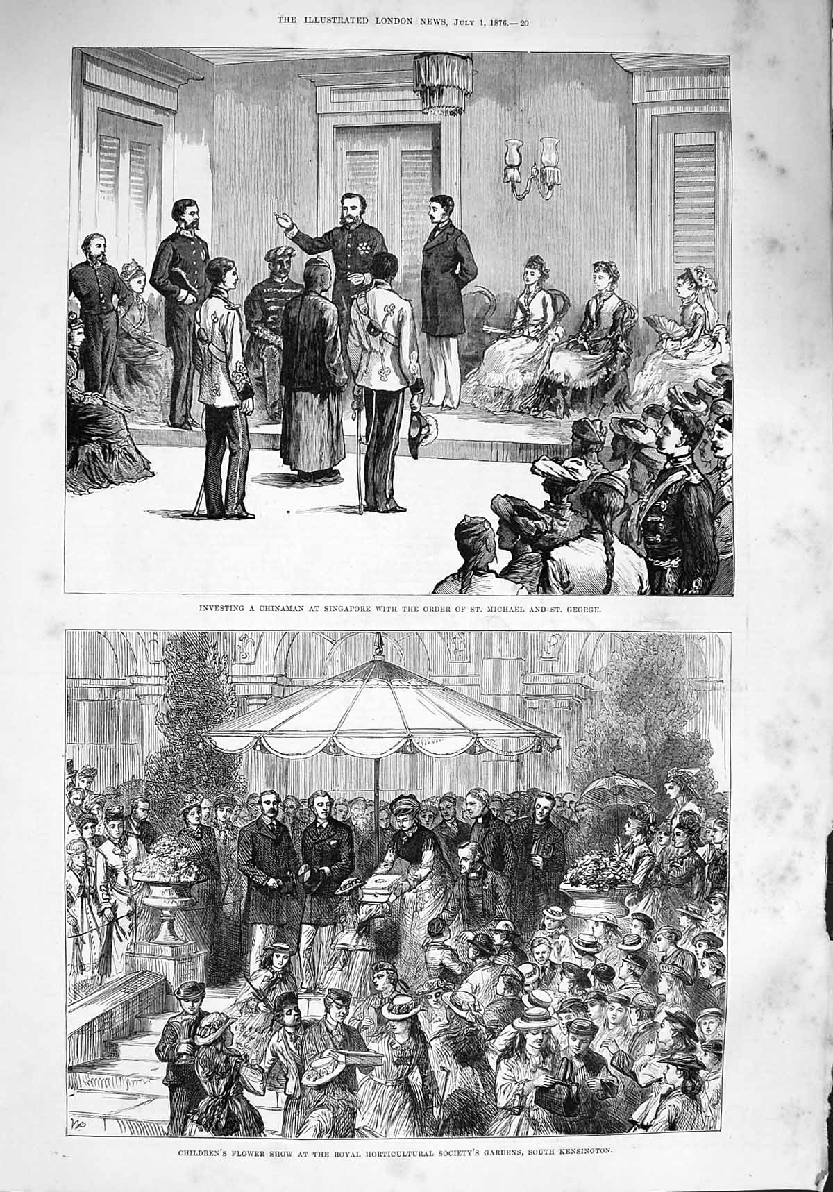 Original Old Antique Print 1876 Children Flower Show Kensington Order Michael