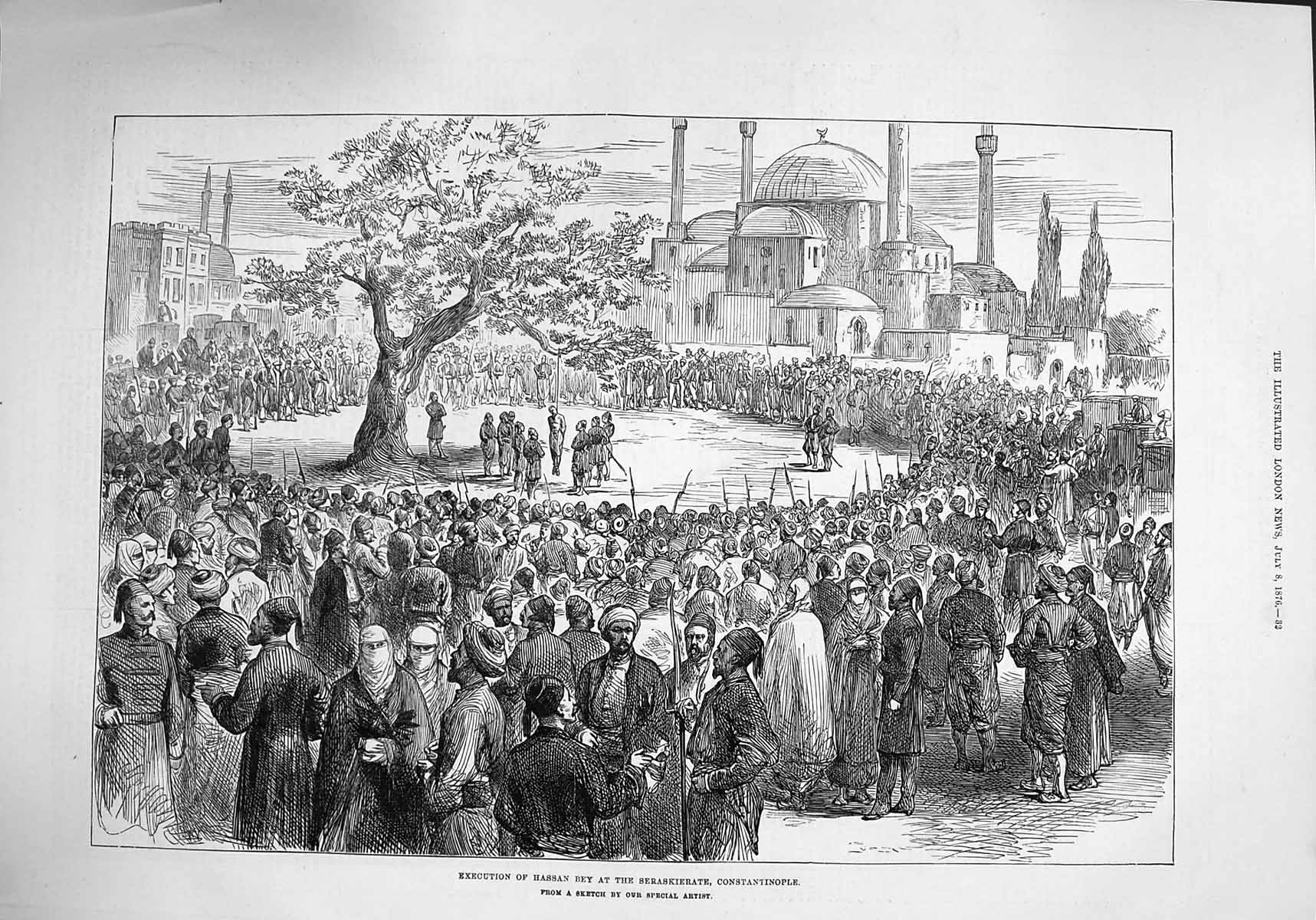 Antique Old Print *4001 1876 Execution Hassan Bey Seraskierate Constantinople