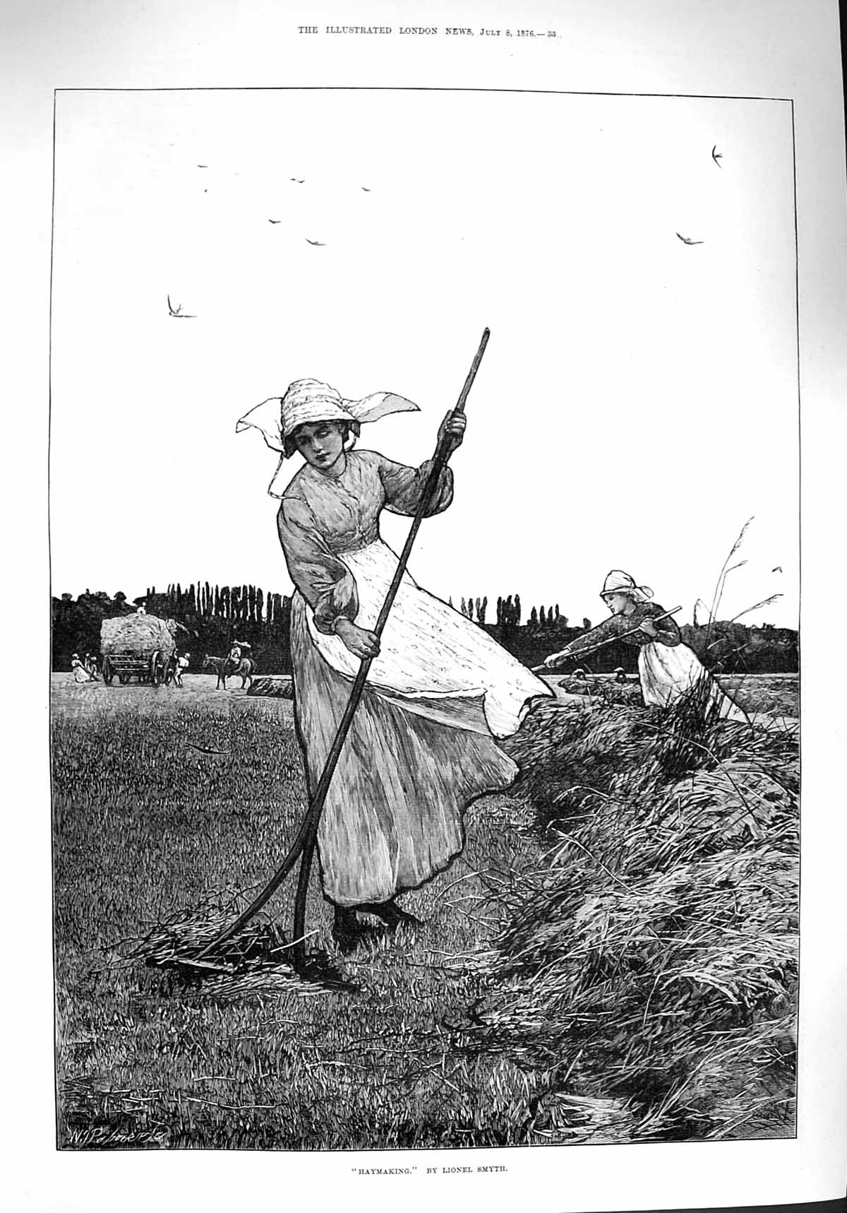 Old Antique Print 1876 Haymaking Agriculture Ladies Farming Lionel Smyth 19th