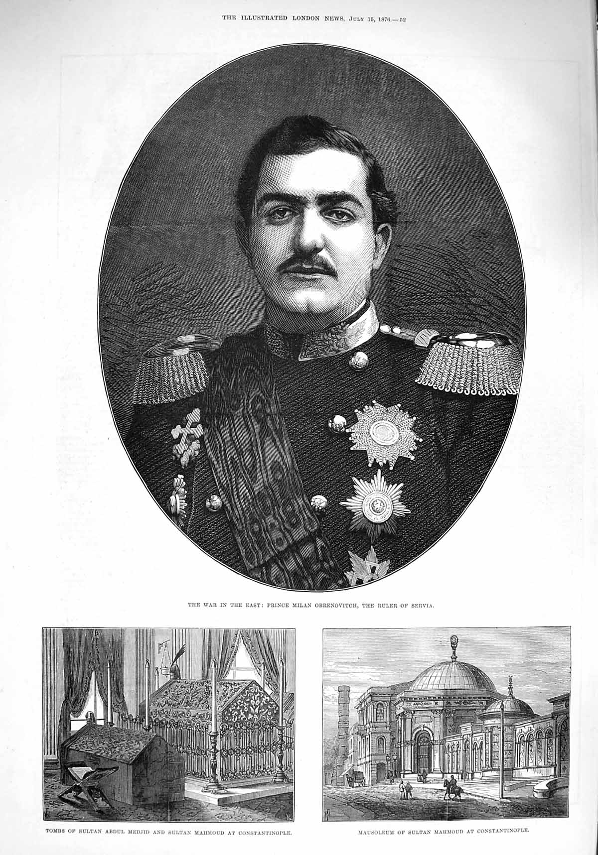 Old Antique Print 1876 Prince Milan Obrenovitch Servia Mausoleum Mahmoud 19th