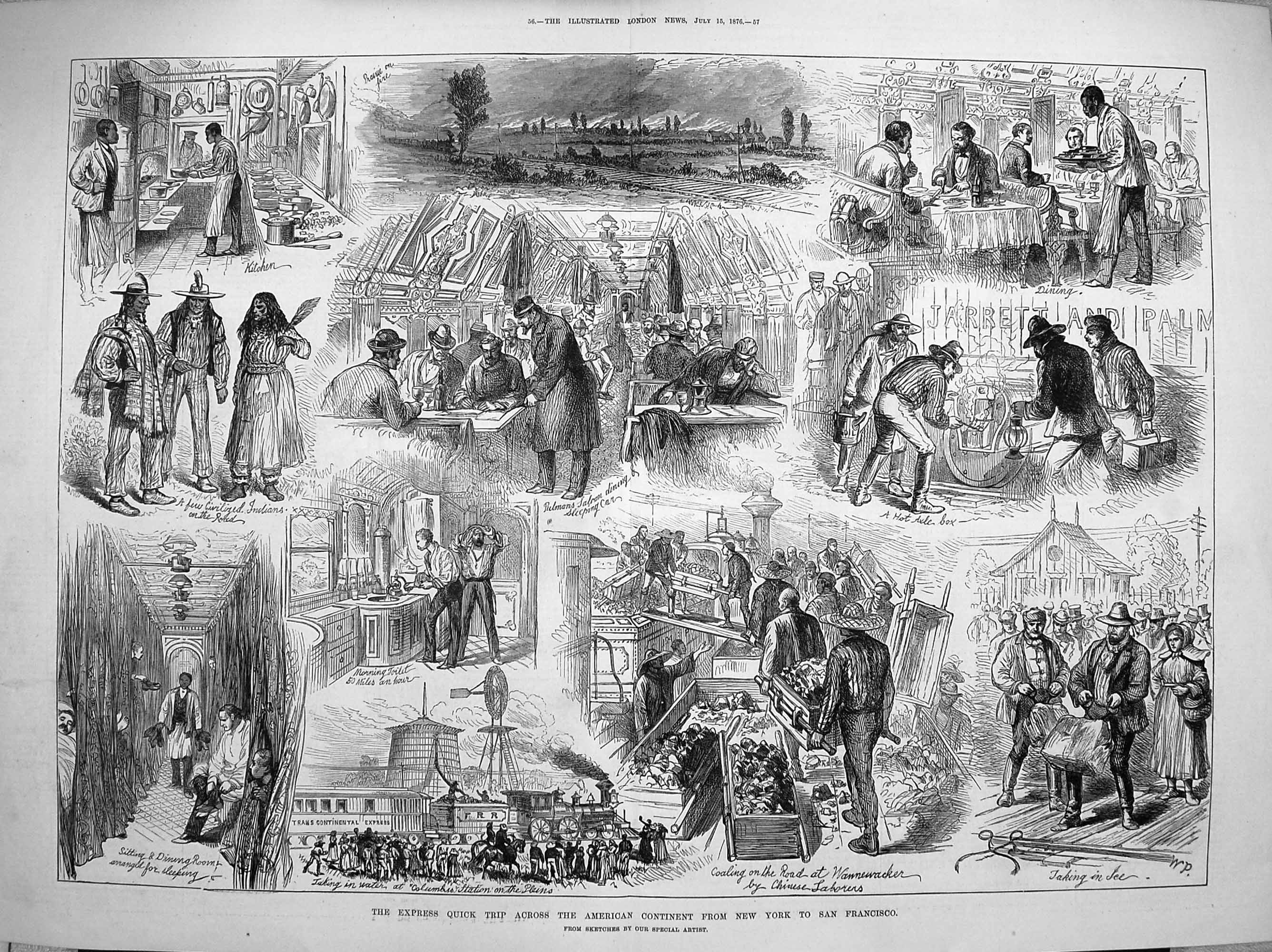 Original Old Antique Print 1876 Trip America New York San Francisco Pulma 19th