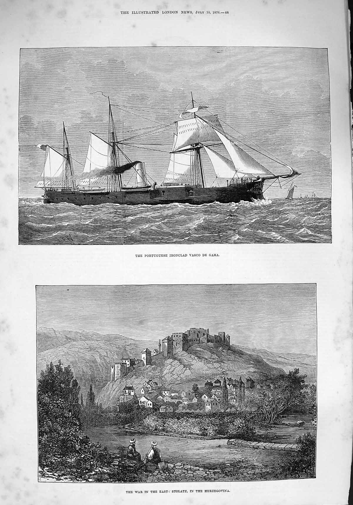 Original Old Antique Print 1876 War Stolatz Herzegovina Portuguease Vasco Ship