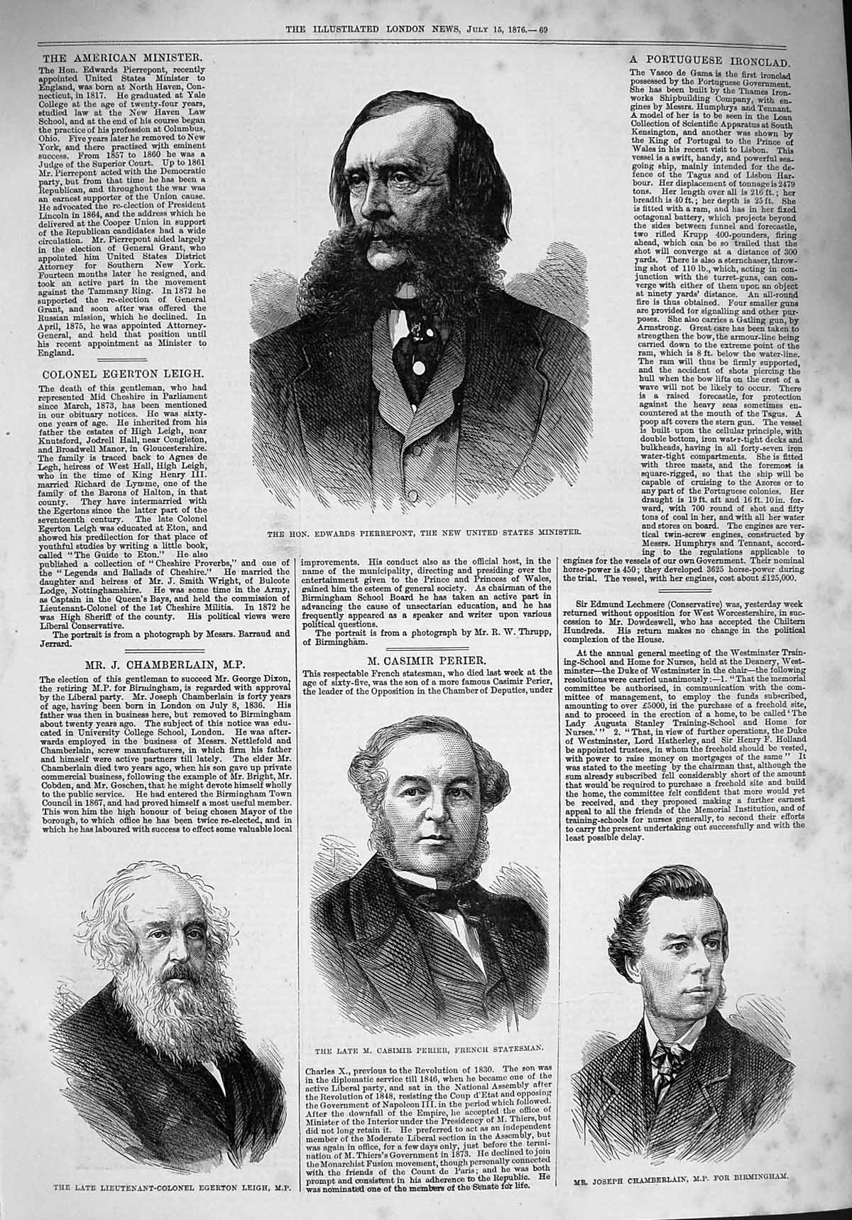 Original Old Antique Print 1876 Edwards Pierrepont Perier Chamberlain Egerton