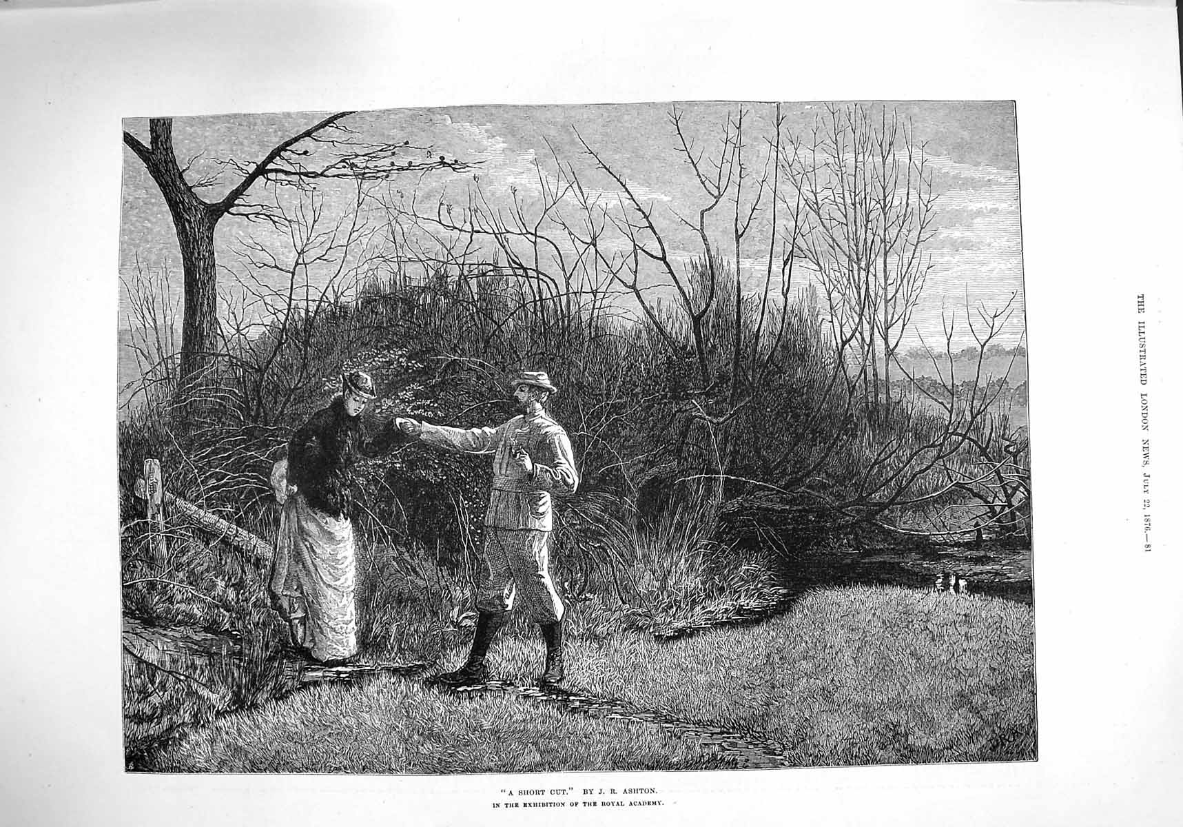 Original Old Antique Print 1876 Short Cut Man Lady Romance Country Walk Ashton