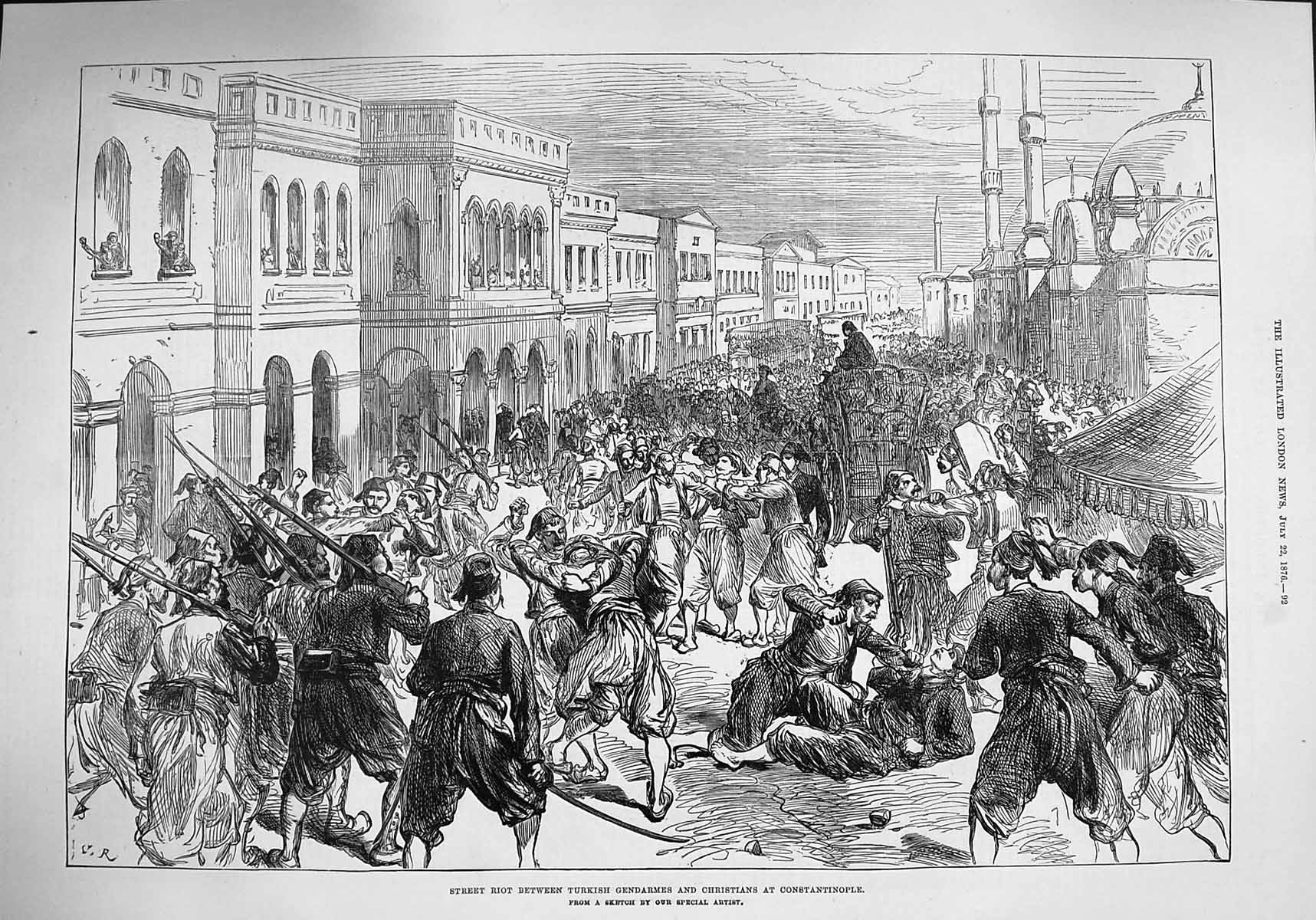 Original Old Antique Print 1876 Street Riots Turkish Gendarmes Constantinople