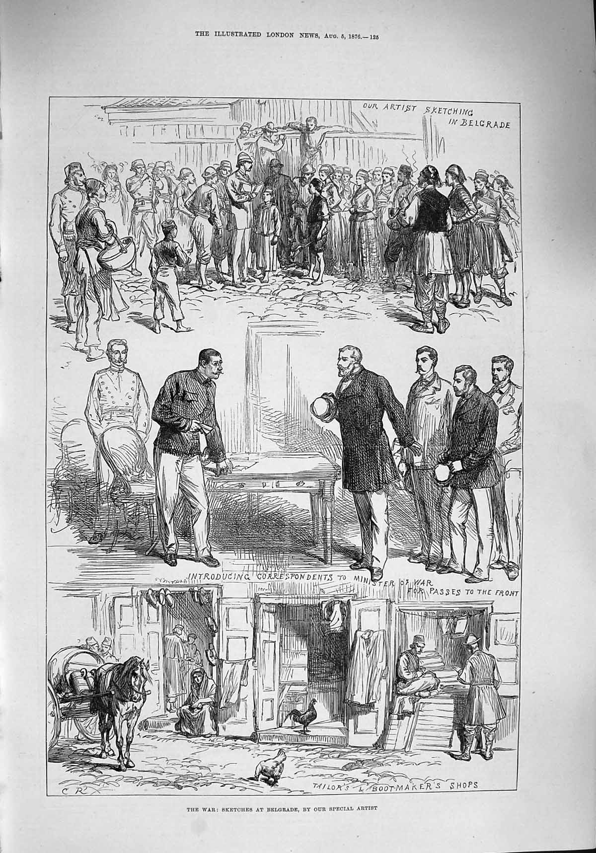 Original Old Antique Print 1876 War Belgrade Ministers Tailors Bootmakers Shops