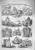 Old Antique Print 1876 Colchester Castle Abbey Headingham Gateway Priory 19th