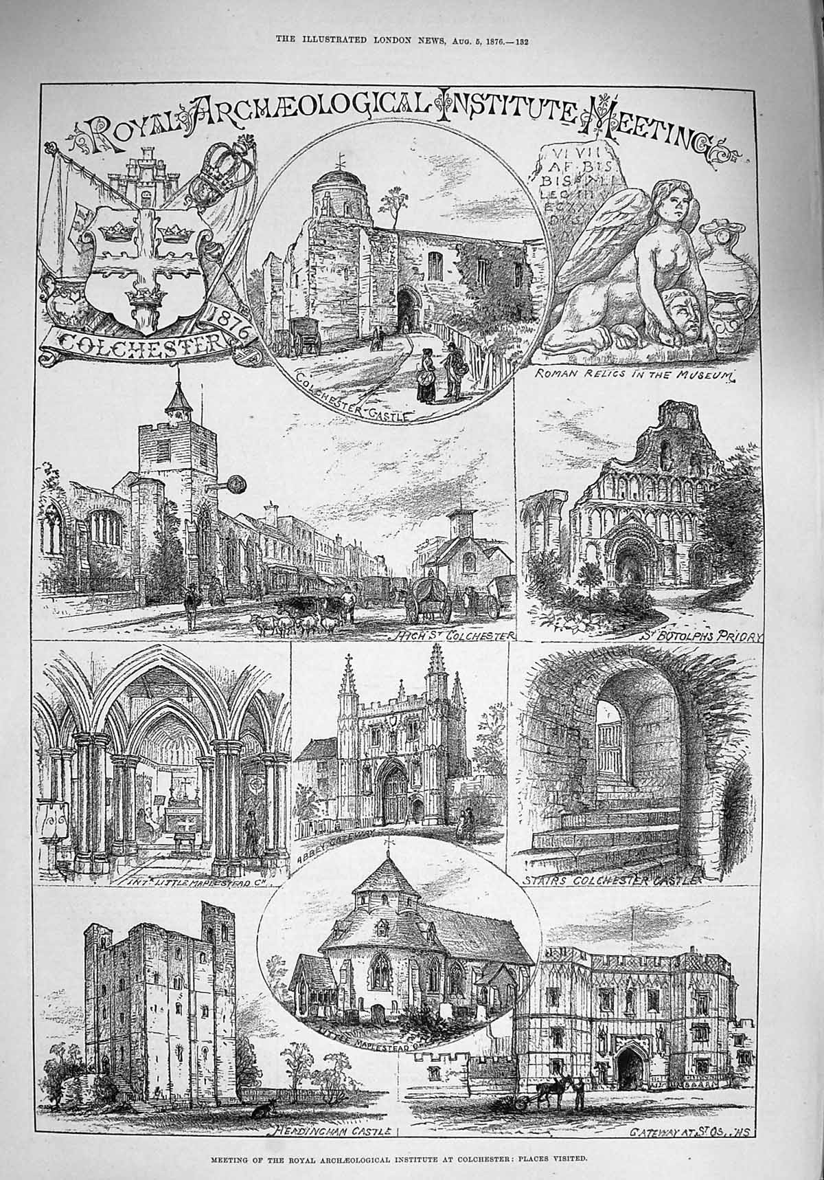 Old Antique Print 1876 Colchester Castle Abbey Headingham Gateway Priory 19th