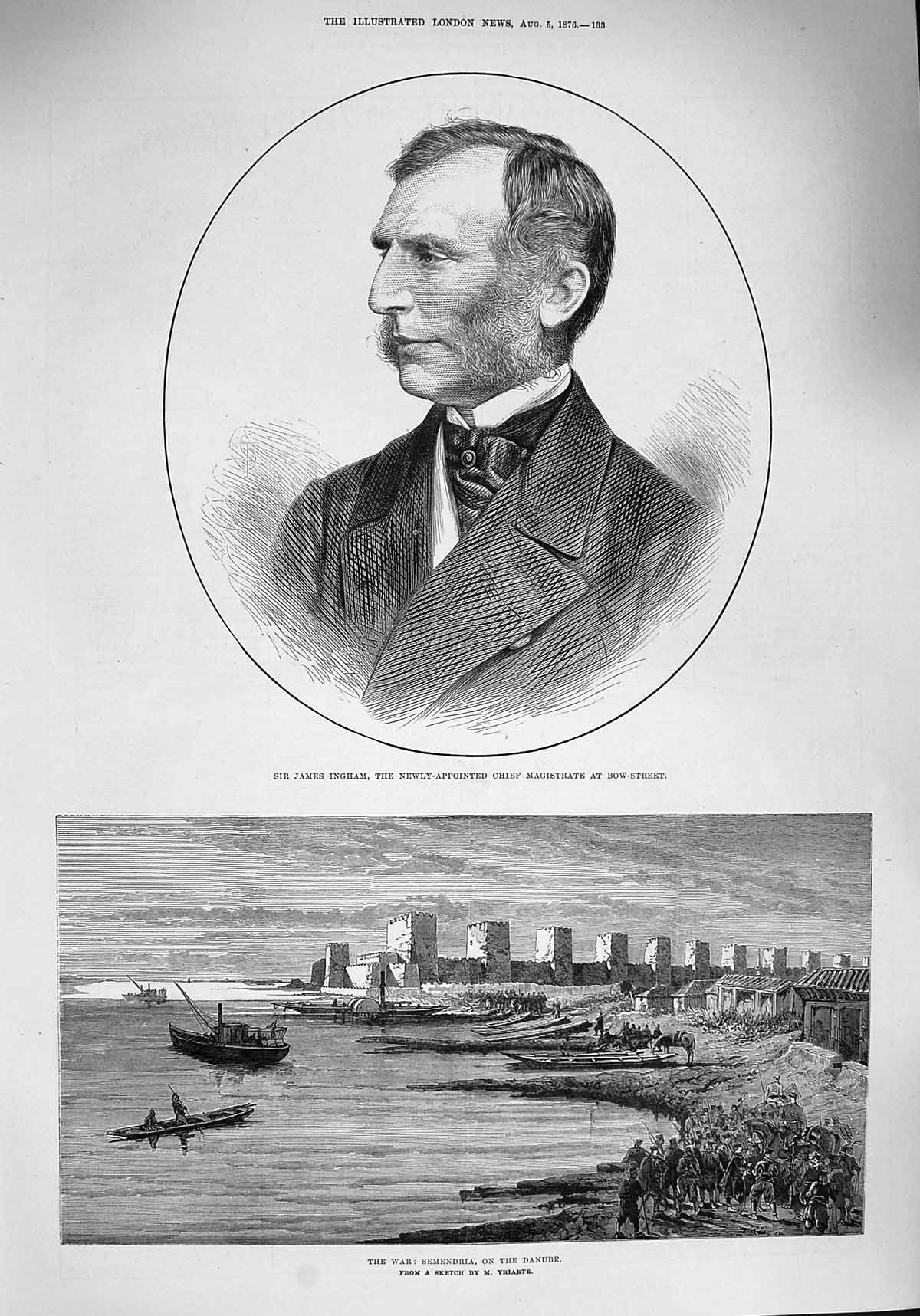Old Antique Print 1876 James Ingham Magistrate War Semendria Danube River 19th