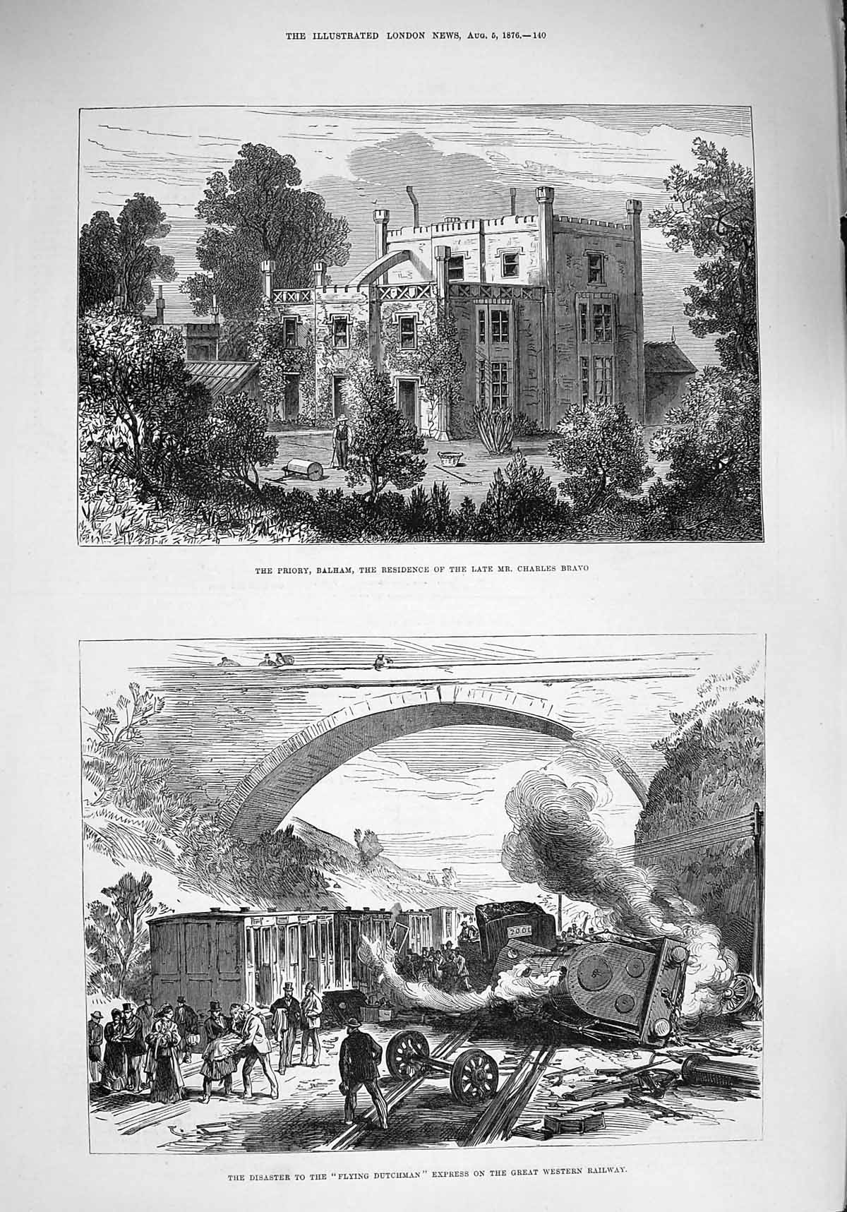 Old Antique Print 1876 Priory Balham Charles Bravo Flying Dutchman Train 19th