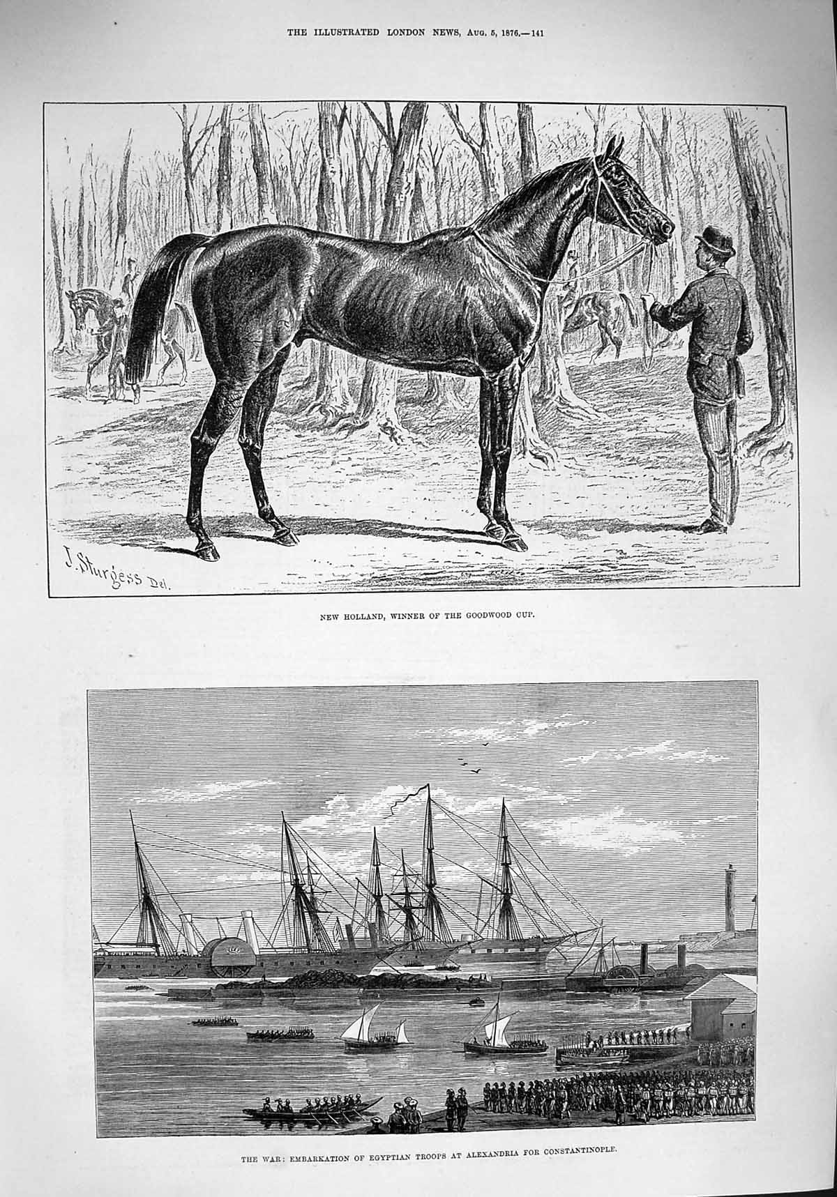 Original Old Antique Print 1876 New Holland Horse Goodwood War Ships Alexandria