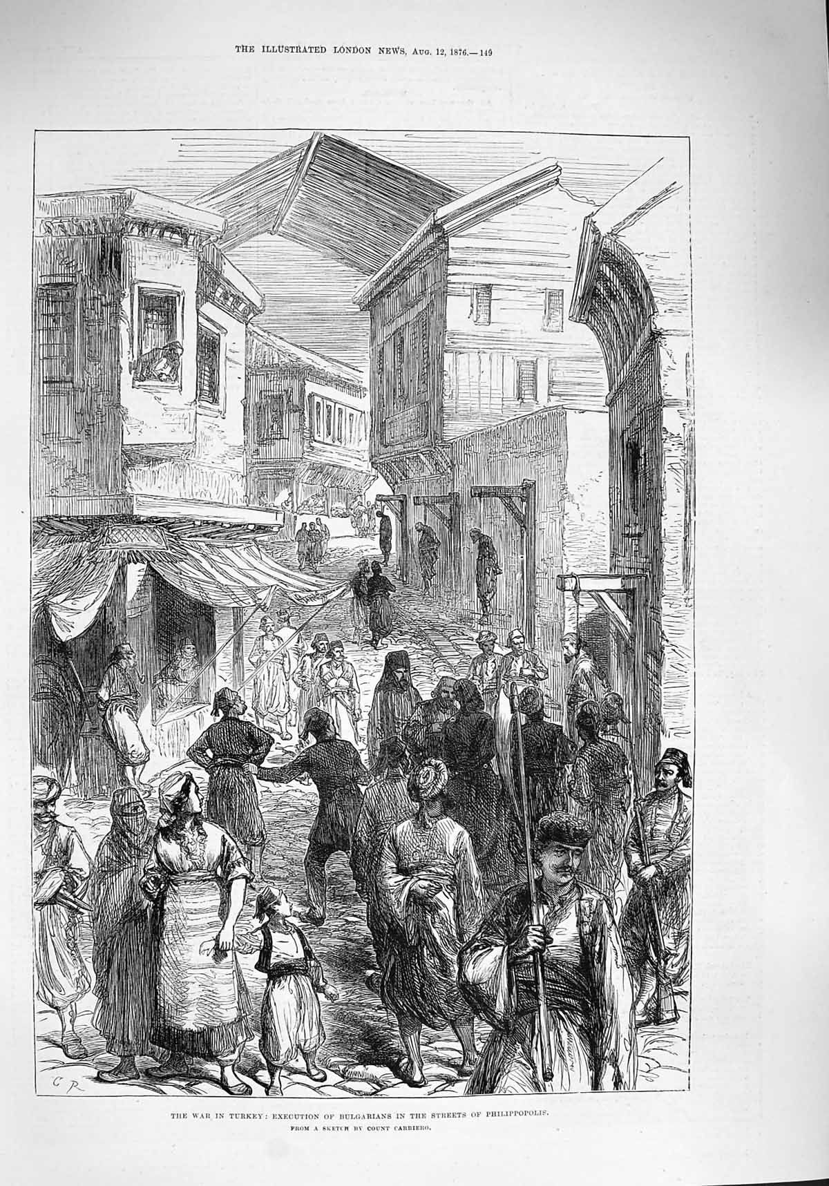 Original Old Antique Print 1876 War Turkey Execution Bulgarians Philippopolis