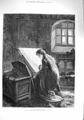 Original Old Antique Print 1876 Portrait Elaine Tapestry Fine Art Victorian
