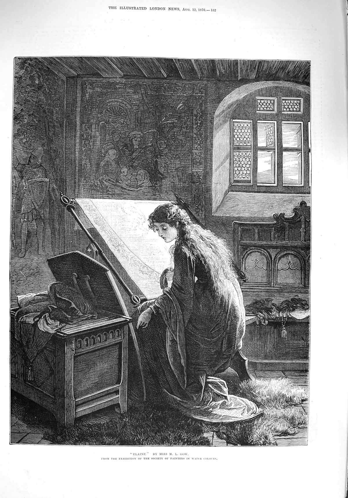 Original Old Antique Print 1876 Portrait Elaine Tapestry Fine Art Victorian