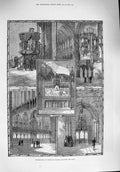 Original Old Antique Print 1876 Chester Cathedral Throne Organ Pulpit Reredos