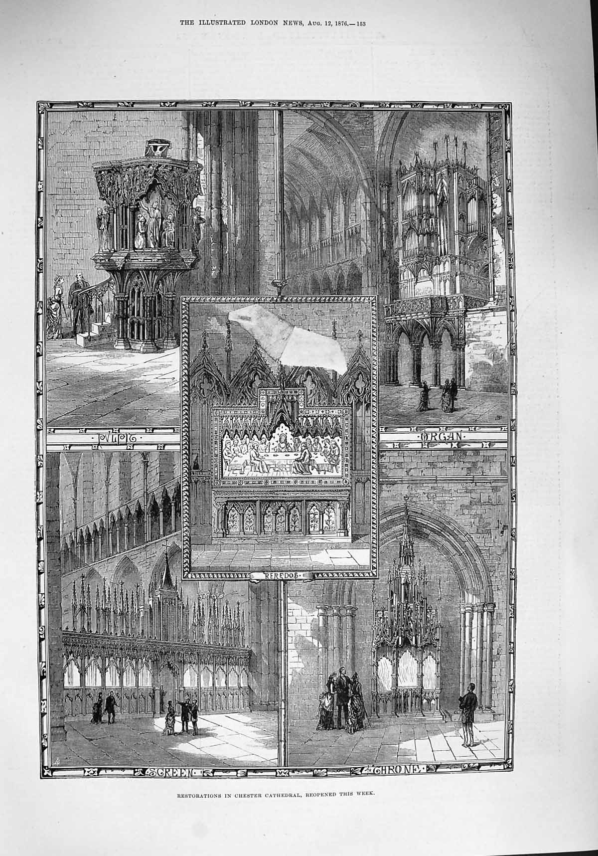 Original Old Antique Print 1876 Chester Cathedral Throne Organ Pulpit Reredos