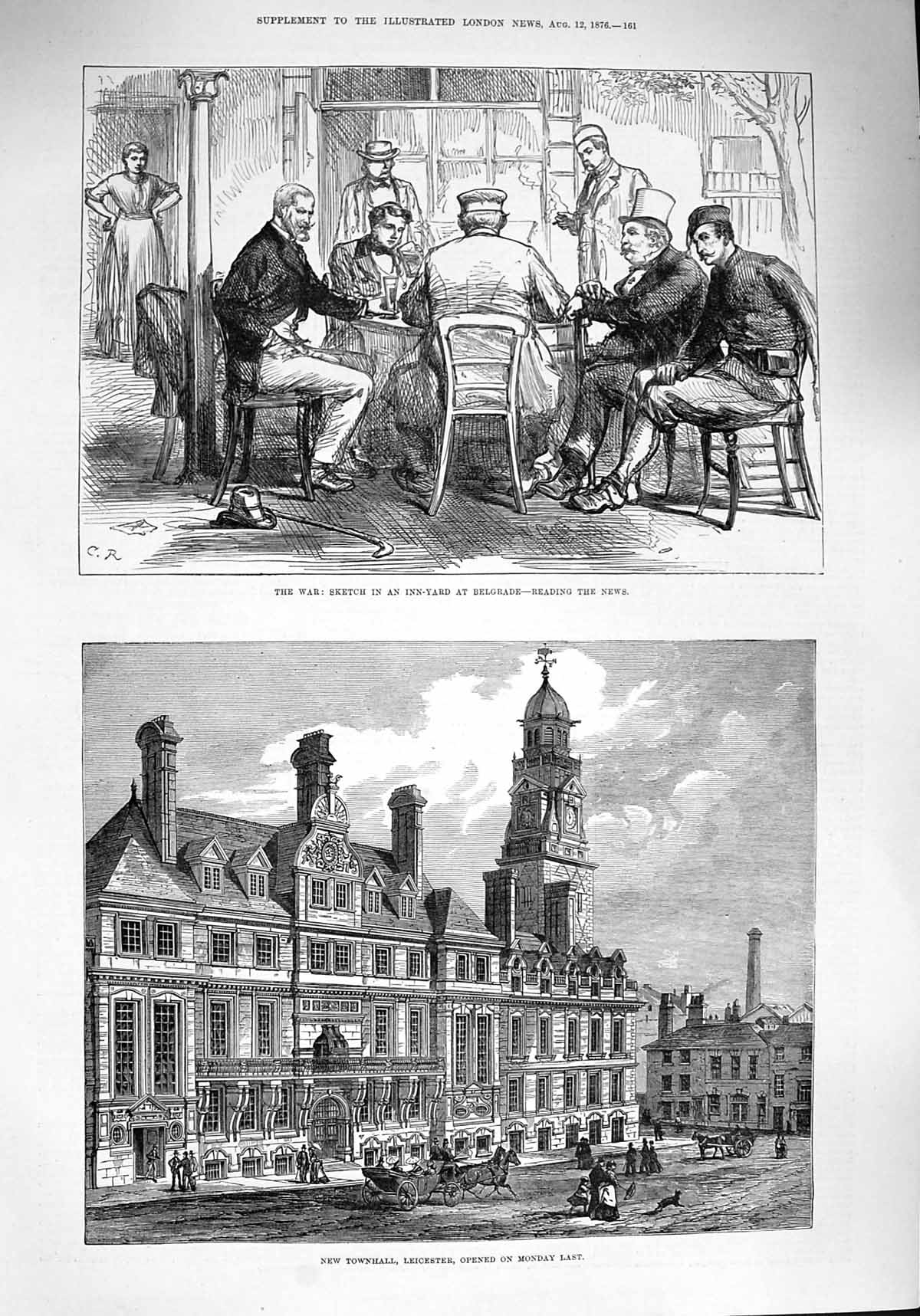 Old Antique Print 1876 War Inn-Yard Belgrade Townhall Leicester Building 19th