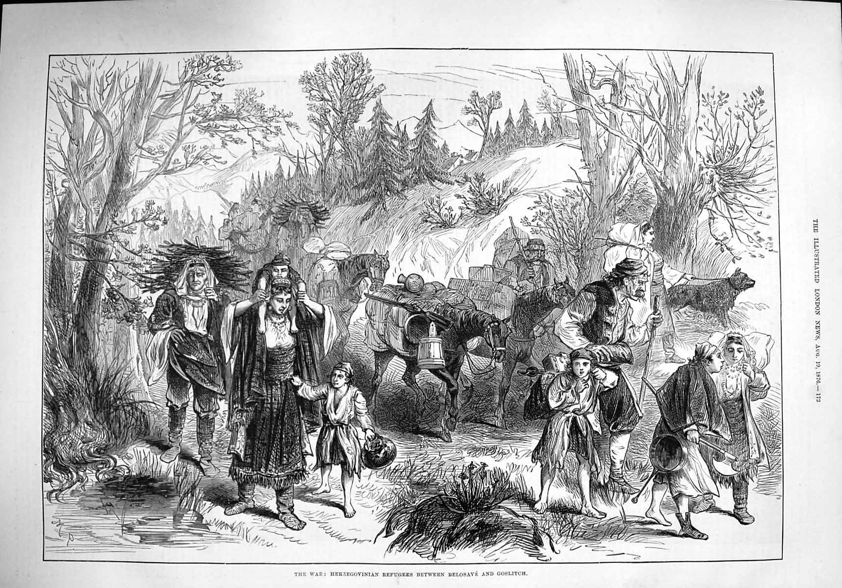 Original Old Antique Print 1876 War Herzegovinian Refugees Belosave Goslitch