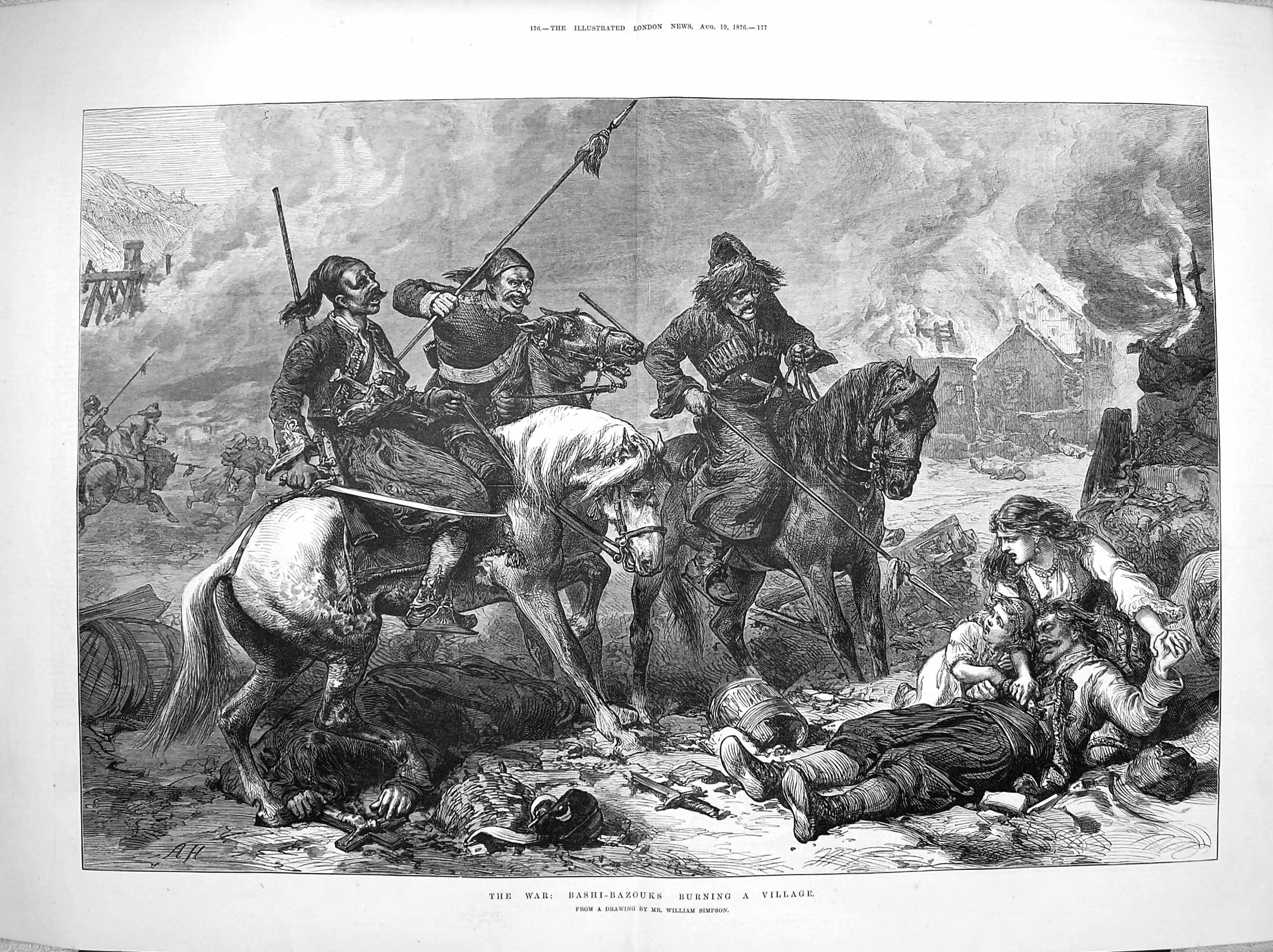 Old Antique Print 1876 War Bashi-Bazouks Burning Village Murder Horses 19th