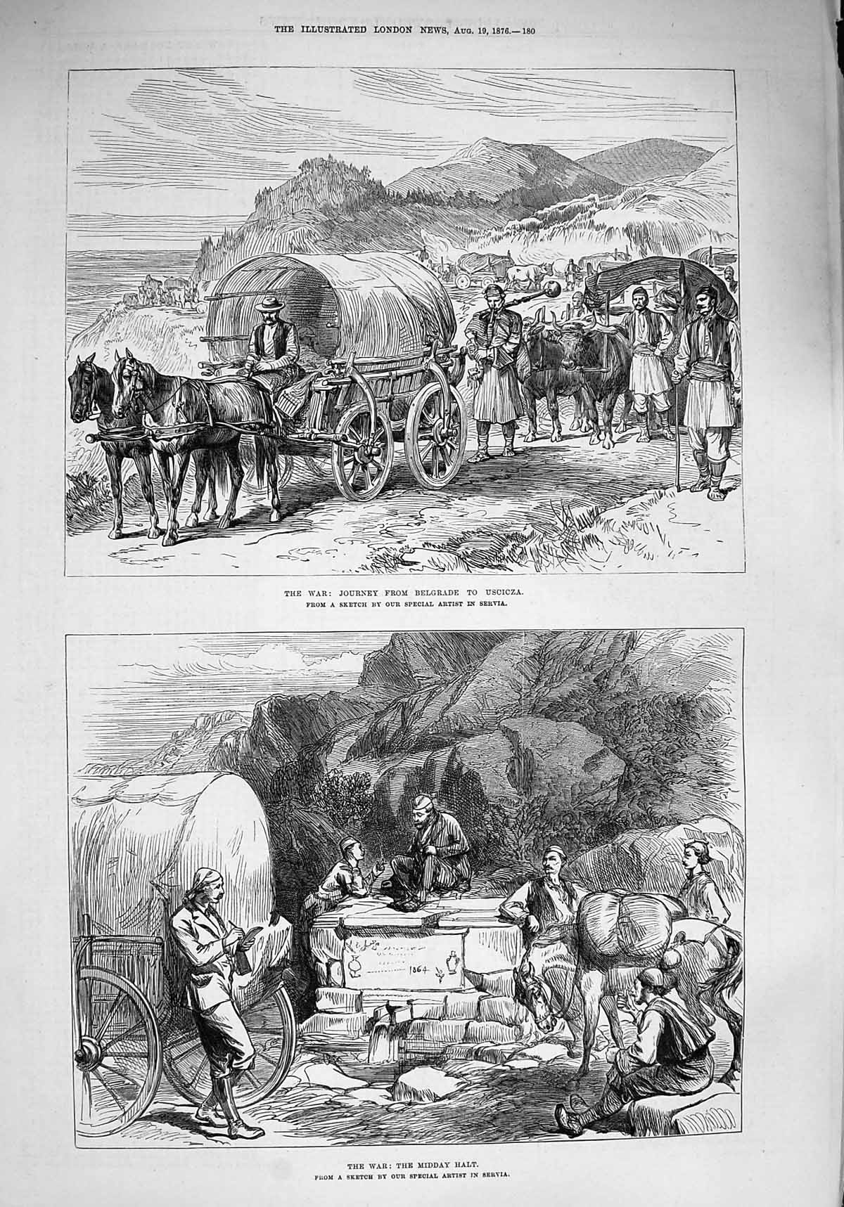 Original Old Antique Print 1876 War Journey Belgrade Uscicza Servia Siers 19th