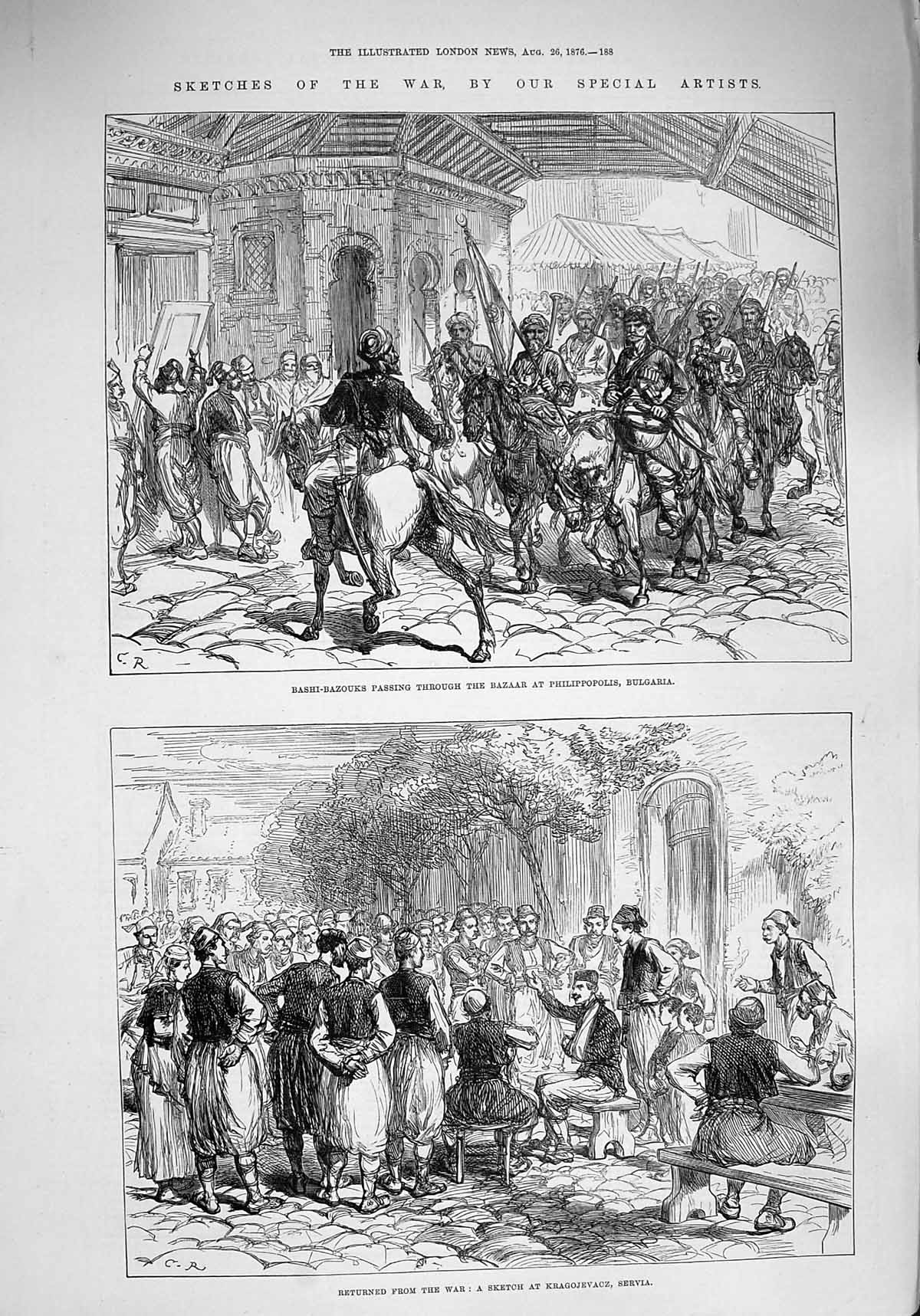 Original Old Antique Print 1876 War Bashi-Bazouks Bulgaria Servia Montenegro