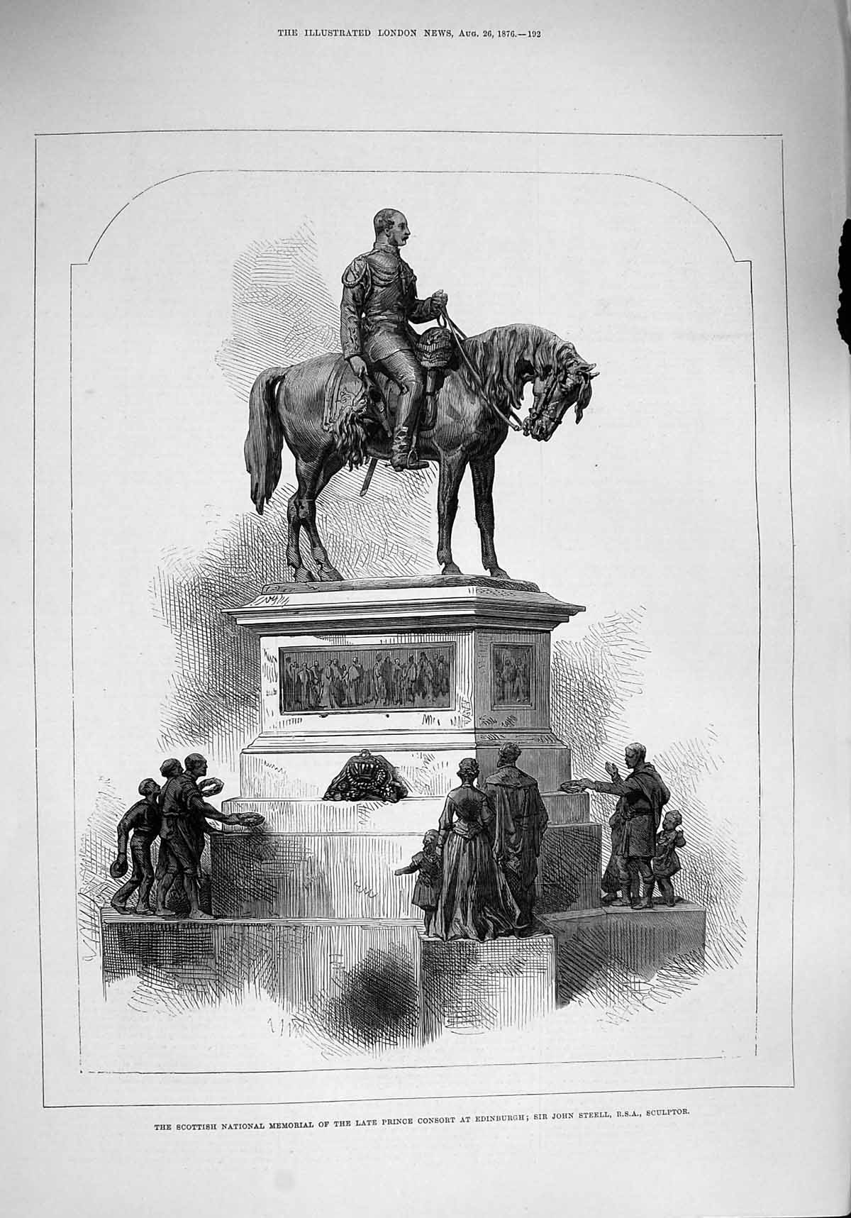 Original Old Antique Print 1876 Memorial Statue Prince Consort Edinburgh Steel