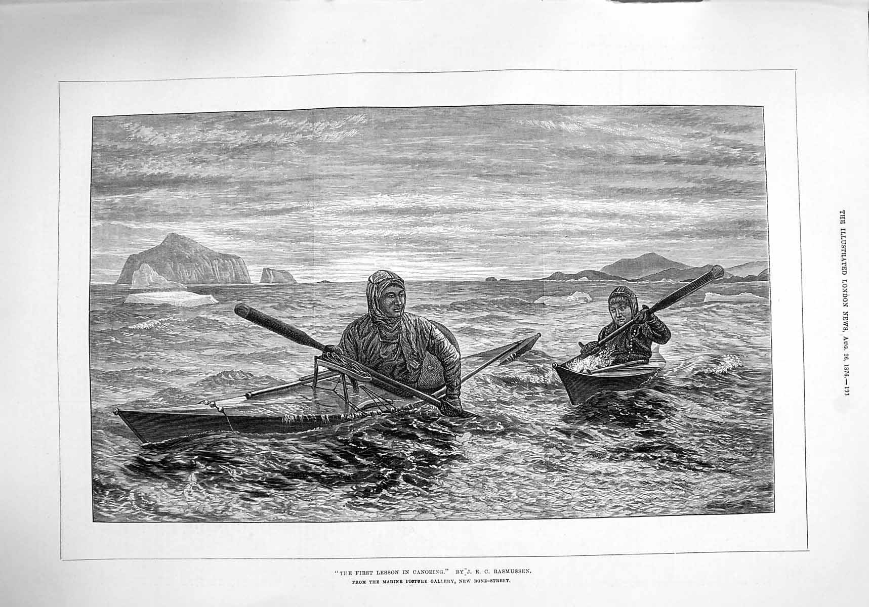 Original Old Antique Print 1876 Young Boy Lesson Canoeing Eskimo Boats 19th
