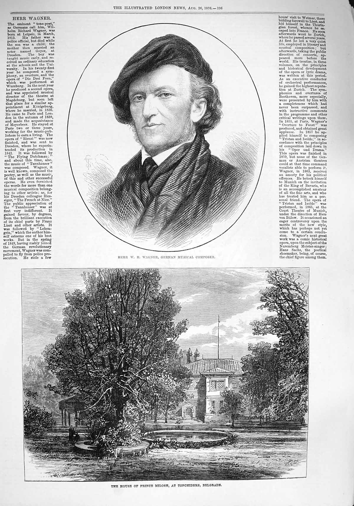 Original Old Antique Print 1876 Herr Wagner Composer Prince Milosm Topchidere