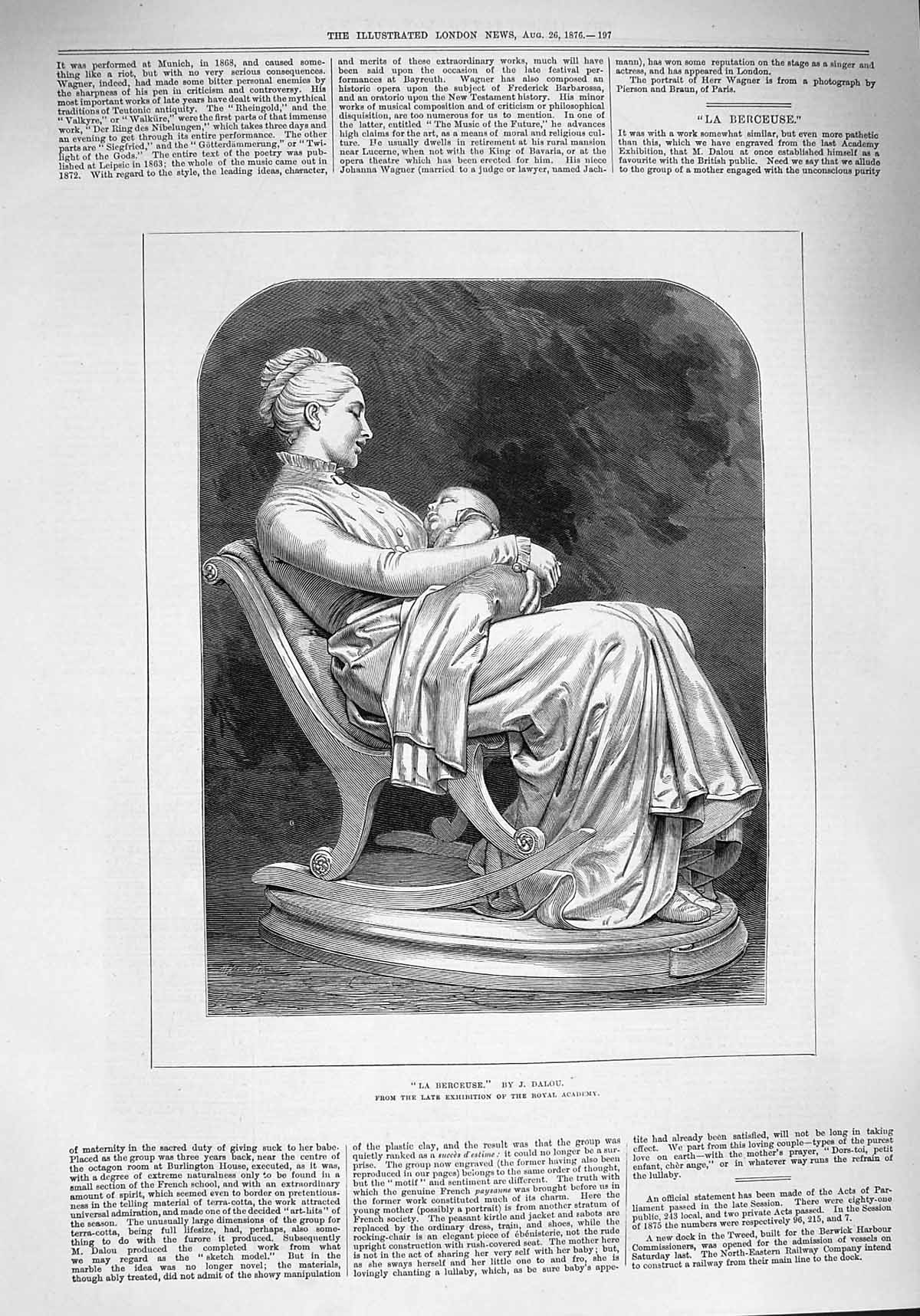 Original Old Antique Print 1876 Sculpture La Berceuse Mother Baby Dalou 19th