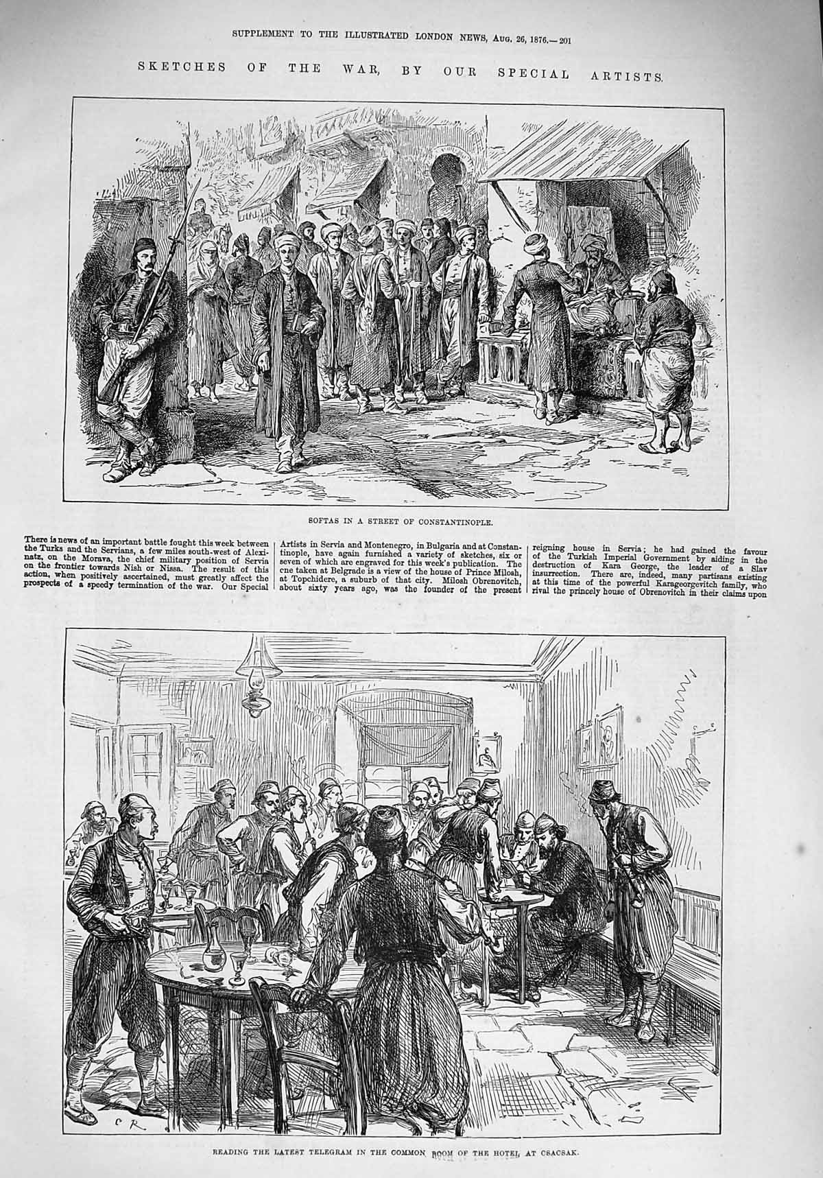 Old Antique Print 1876 War Softas Constantinople Telegram Hotel Csacsak 19th