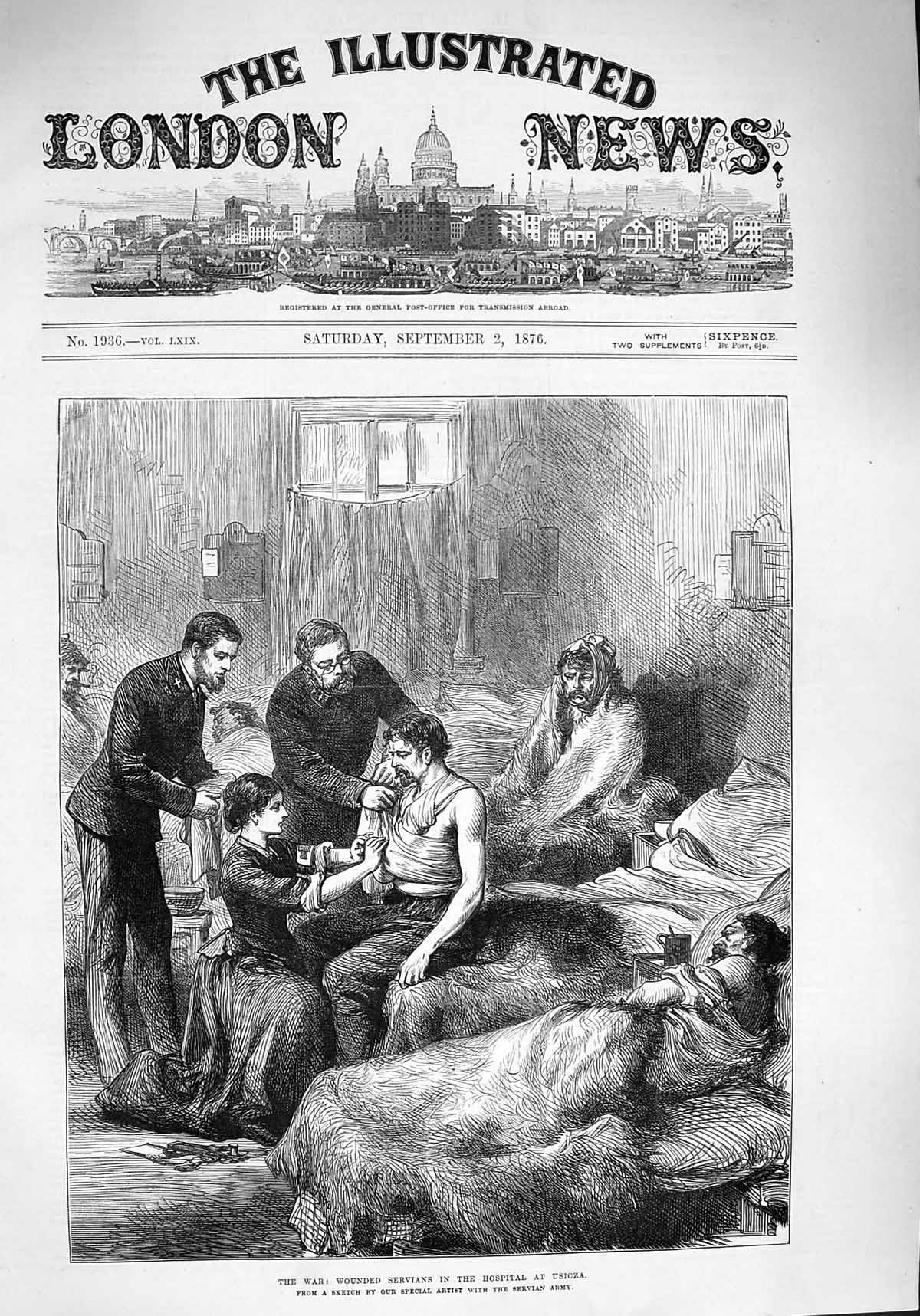 Old Antique Print 1876 War Wounded Servians Hospital Usicza Doctor Nurse 19th