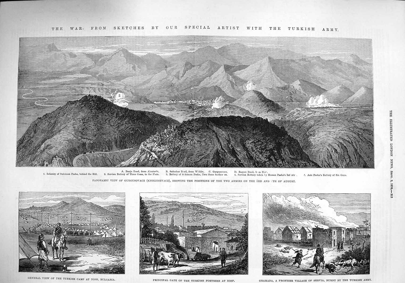 Old Antique Print 1876 War Gurgusovacz Turkish Army Nish Bulgaria Gramada 19th