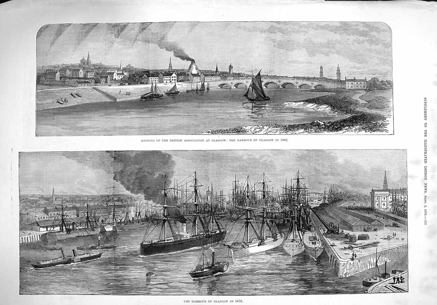 Original Old Antique Print 1876 Glasgow Harbour Yachts Ships War Scotland 19th