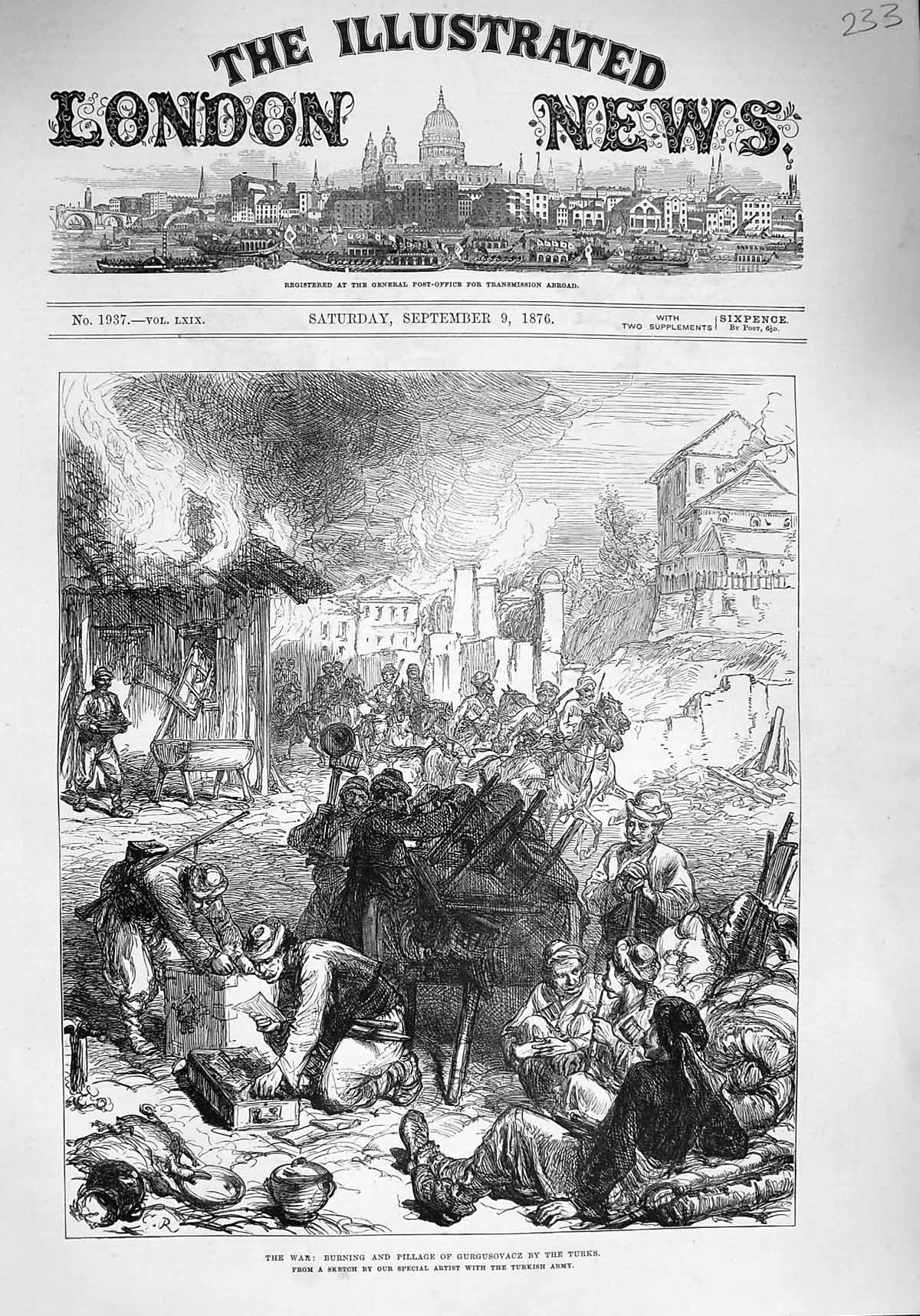 Original Old Antique Print 1876 War Pillage Gurgusovacz Turks Ivanitza Ragocz