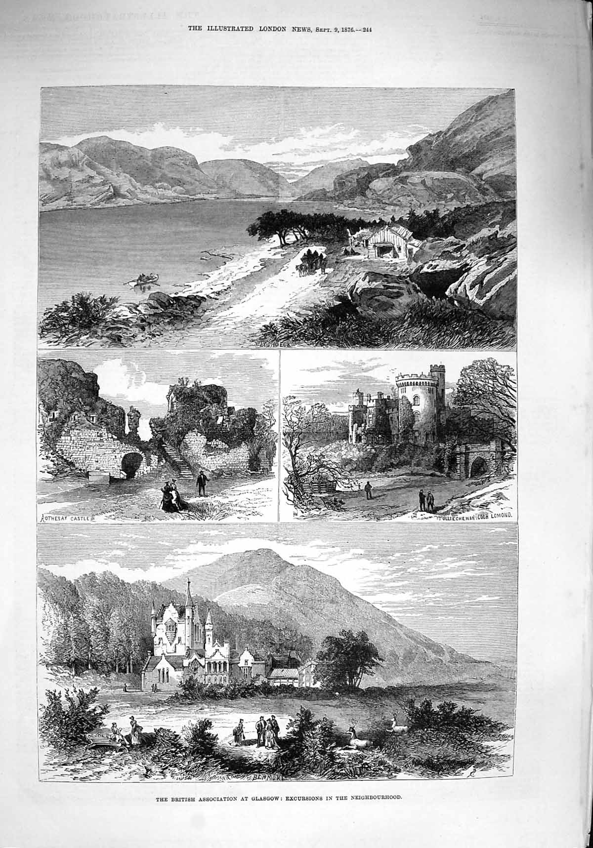 Old Antique Print 1876 Glasgow Rothesay Castle Tulliechewan Loch Lomond 19th