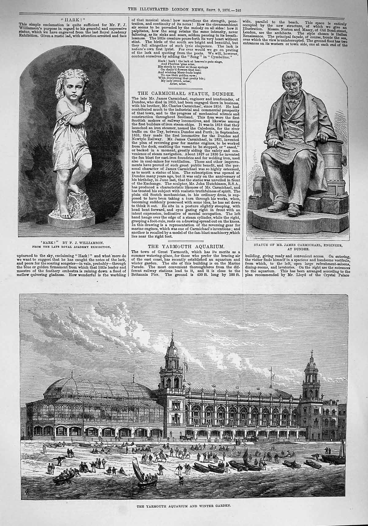 Old Antique Print 1876 Yarmouth Aquarium Winter Garden Statue Carmichael 19th