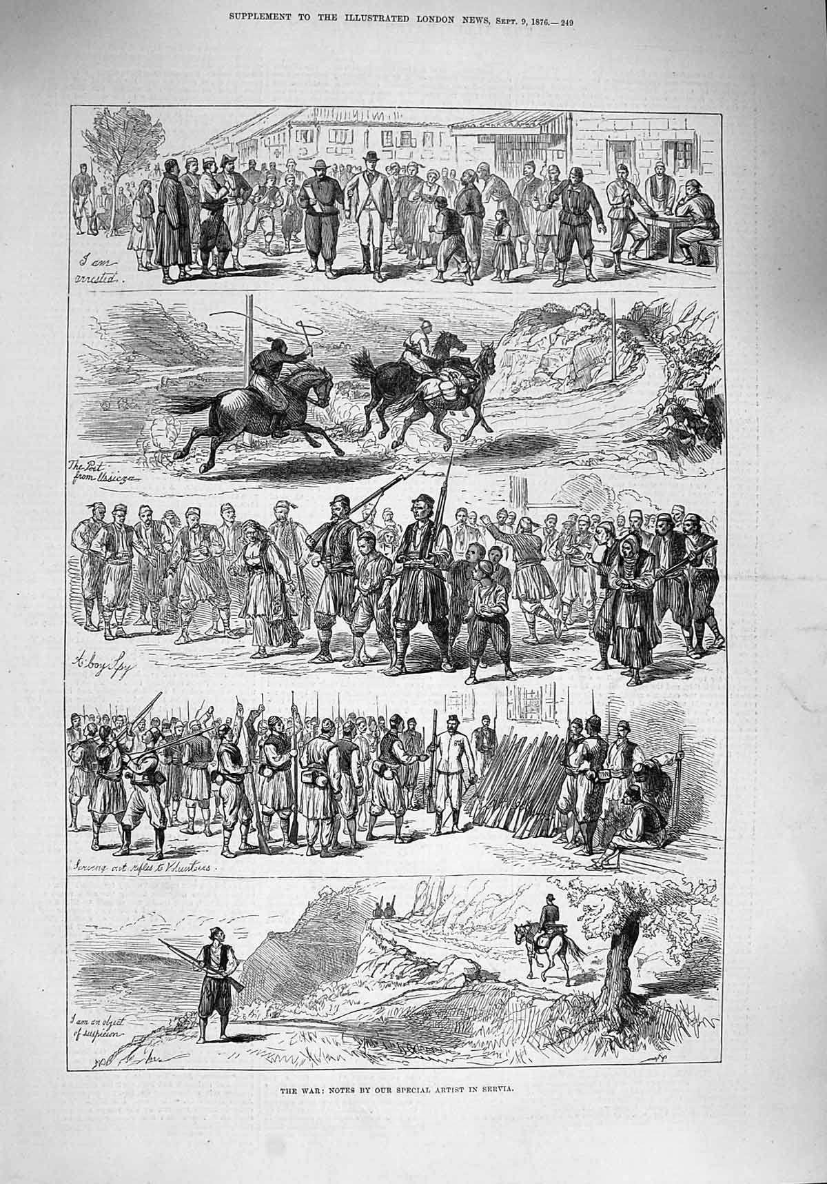 Original Old Antique Print 1876 War Servia Siers Weapons Horses Mountains 19th