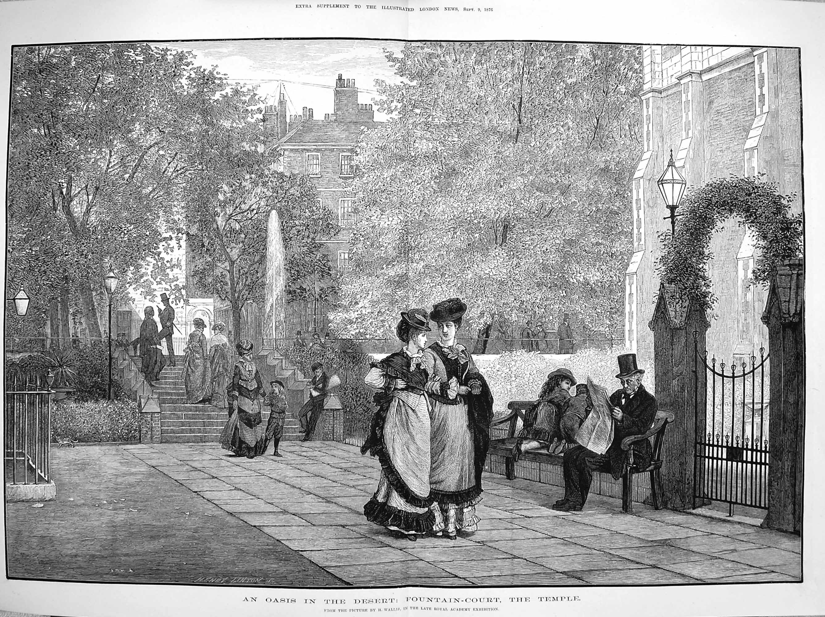 Original Old Antique Print 1876 Fountain-Court Temple People London Fine Art