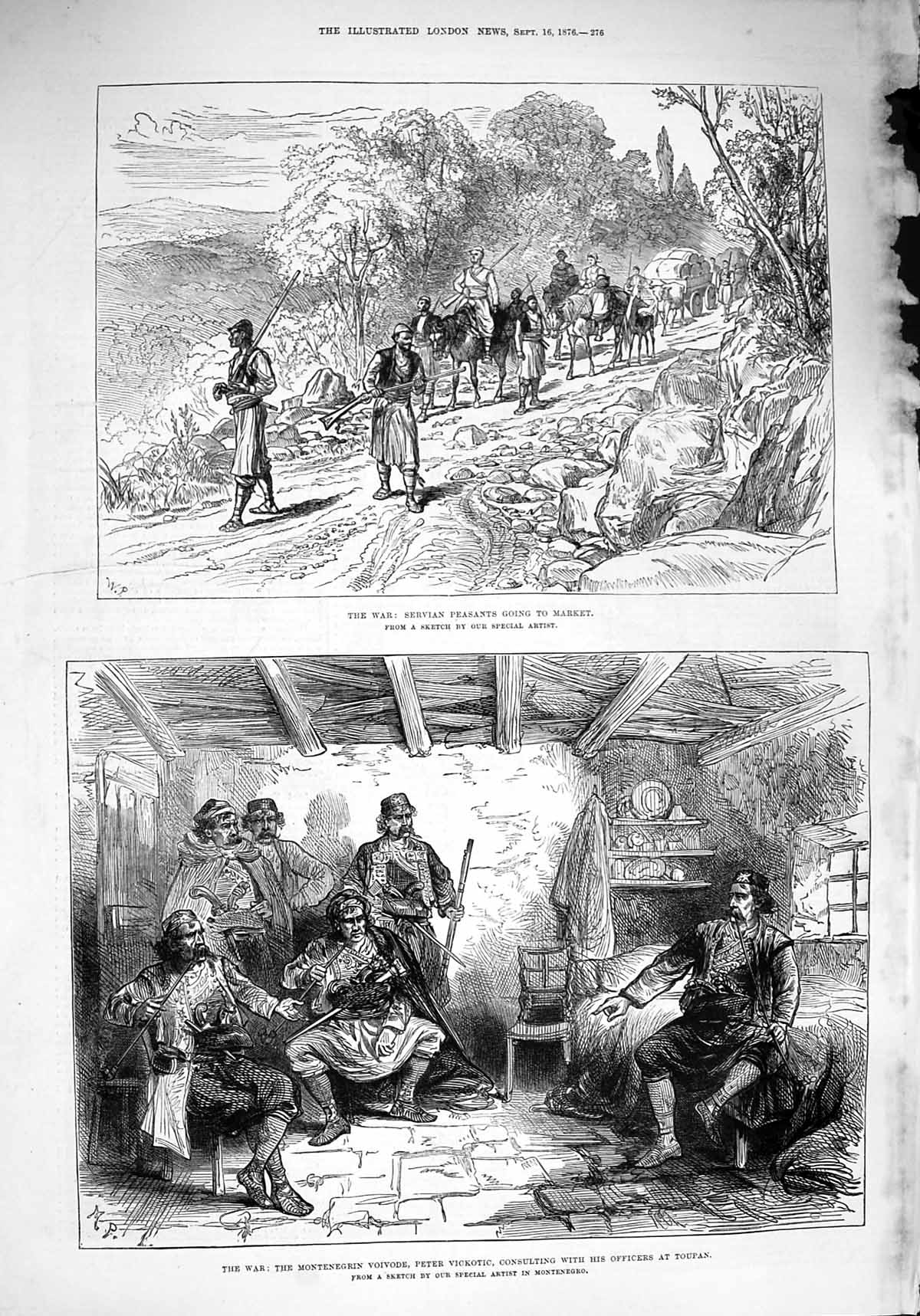 Original Old Antique Print 1876 War Servian Peasnats Market Vickotic Toupan