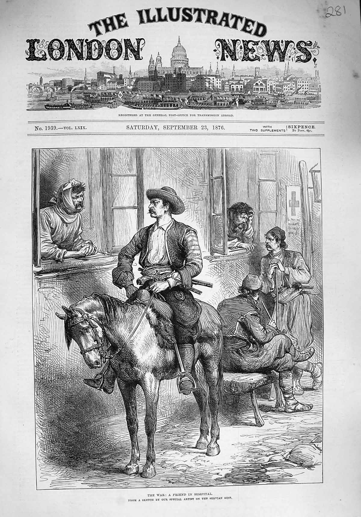 Original Old Antique Print 1876 War Hospital Window Man Horse Patients War 19th