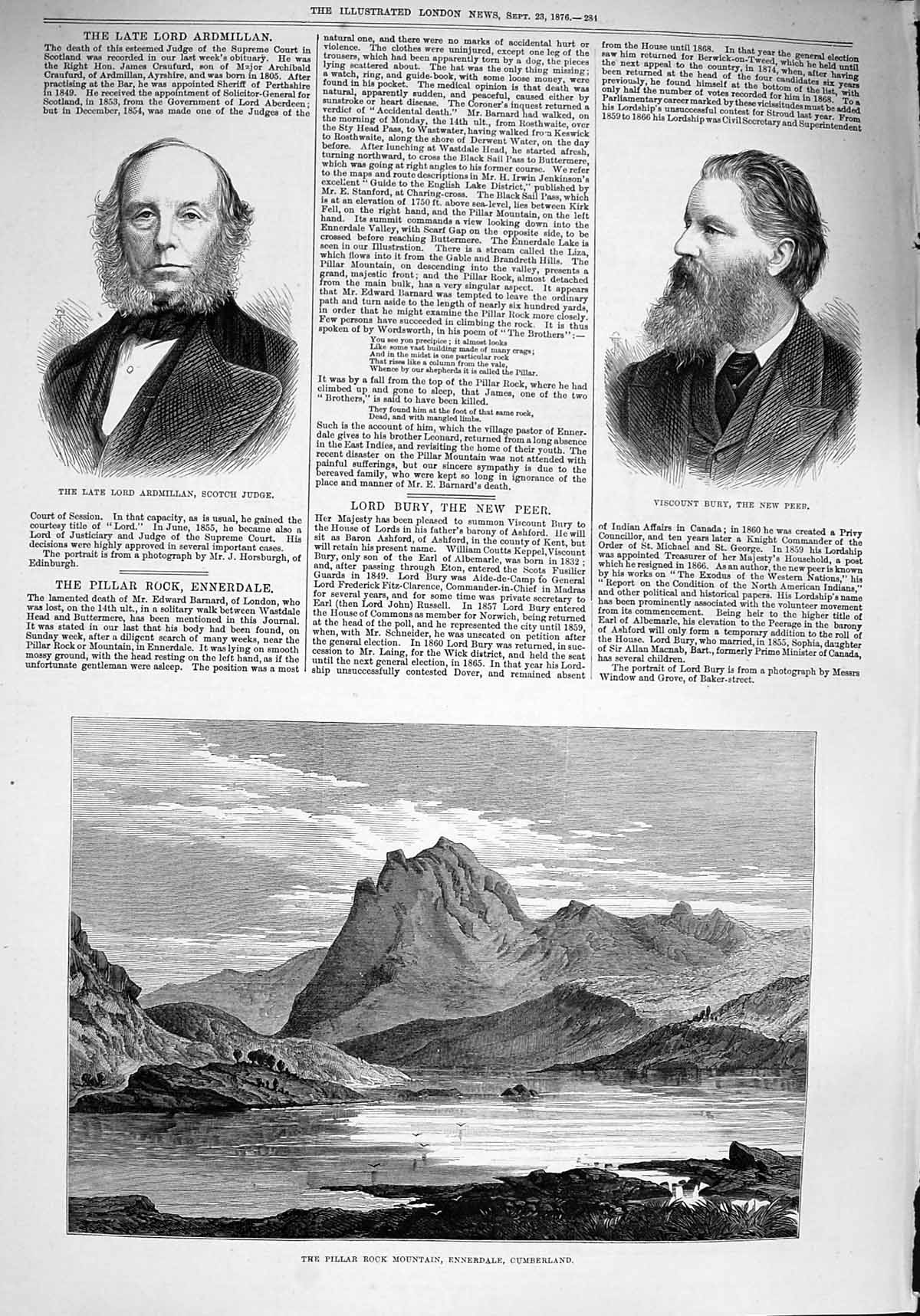 Original Old Antique Print 1876 Pillar Rock Mountain Ennerdale Ardmillan Bury